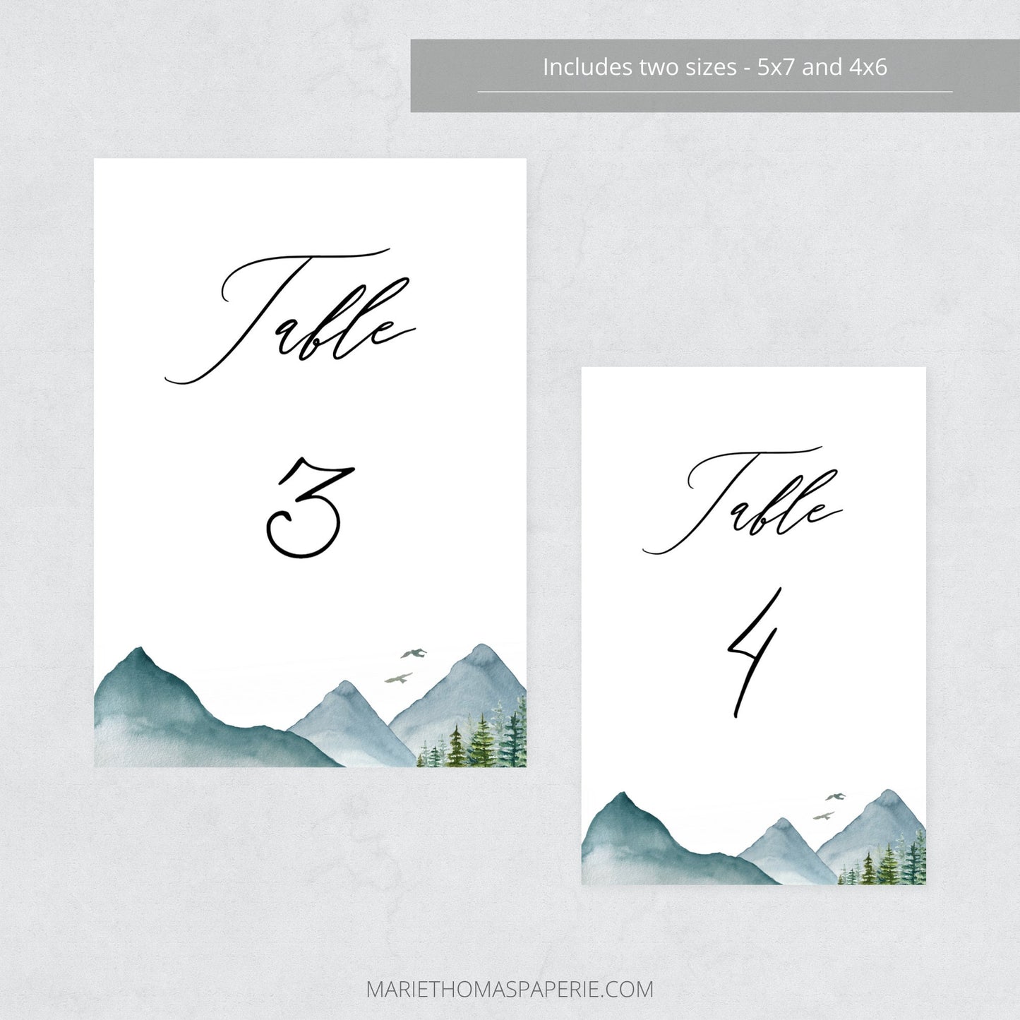 Editable Mountain Wedding Table Number Woodland Rustic Pine Table Number Card 5x7 and 4x6 Template