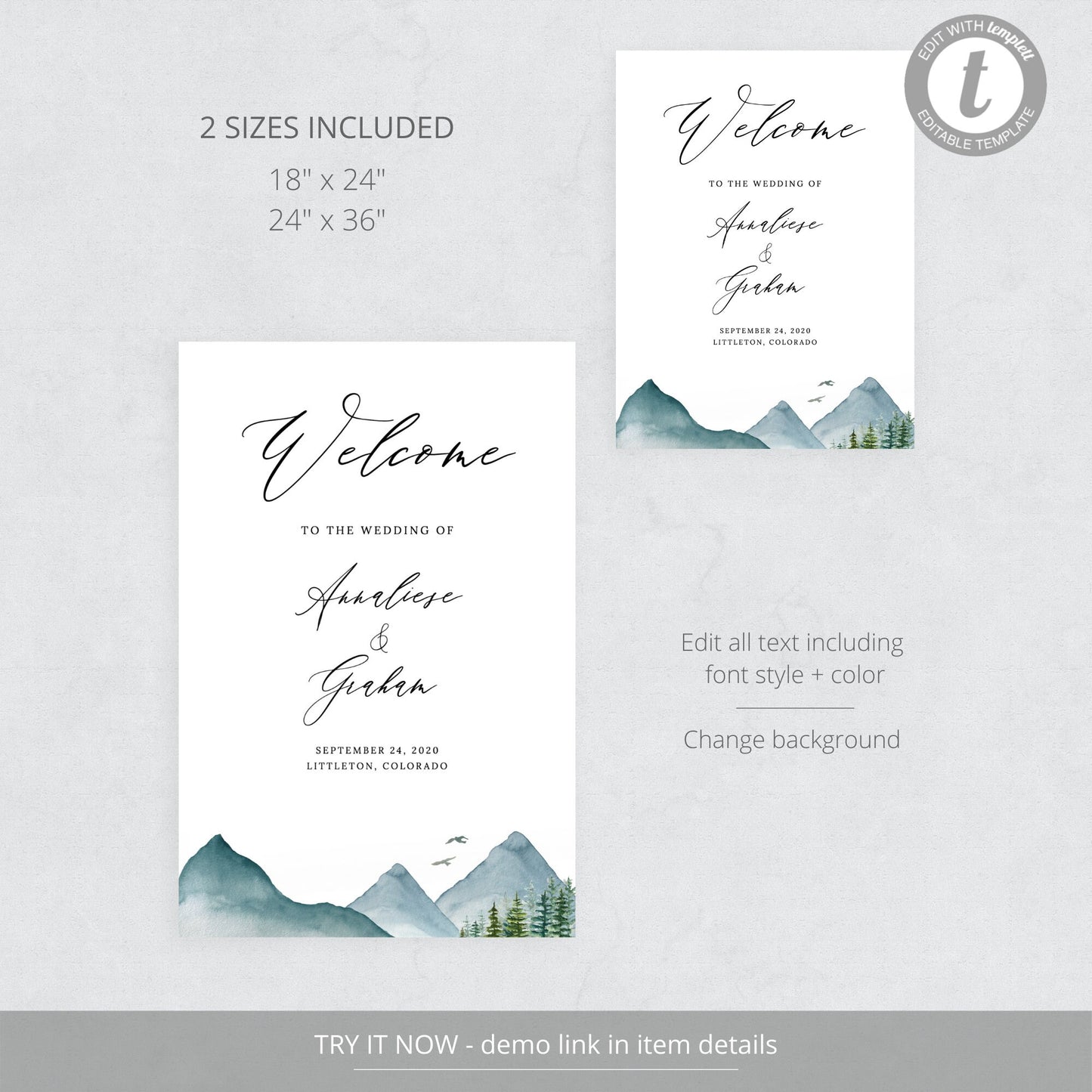 Editable Mountain Wedding Welcome Sign Welcome to our Wedding Sign Rustic Pine Woodland Poster Template