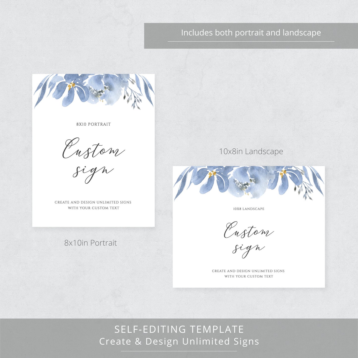 Editable Custom Wedding Sign Dusty Blue Floral Wedding Sign Kit Create Unlimited Signs 8x10 and 10x8 Template