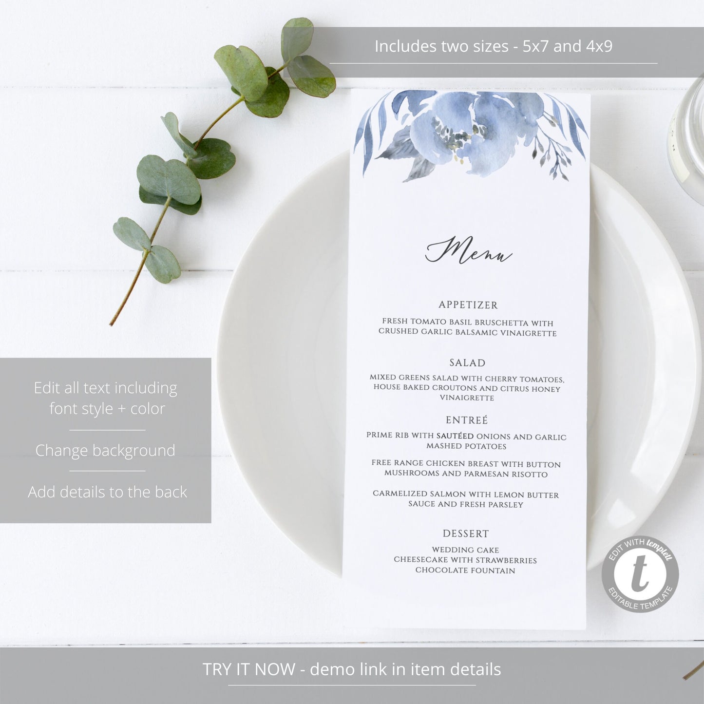 Editable Dusty Blue Wedding Menu Blue Gray Wedding Menu Card Floral Wedding Menu 5x7 and 4x9 Template