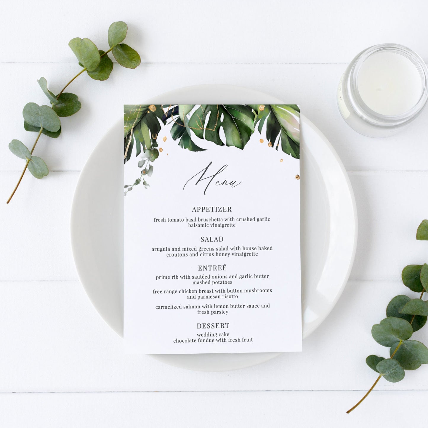 Editable  Tropical Wedding Menu Palm Leaves Wedding Menu Card Wedding Menu 5x7 and 4x9 Template