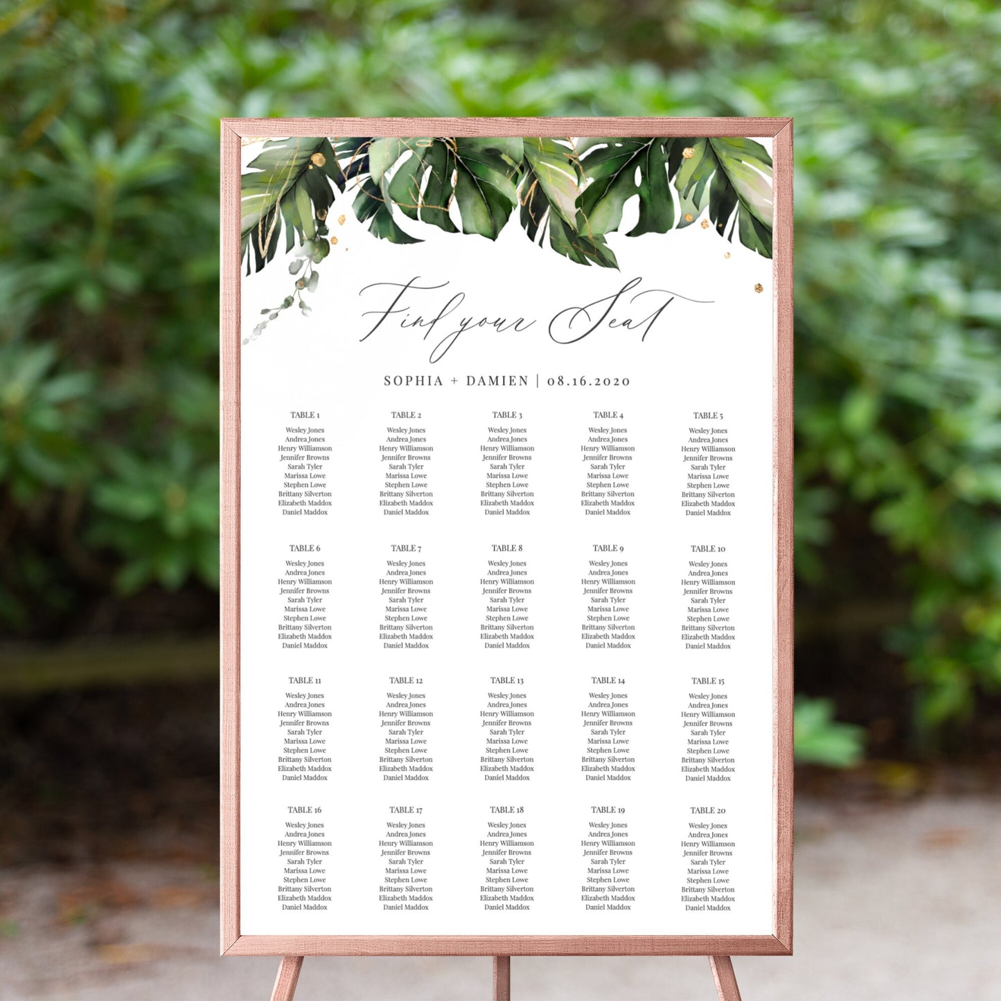 Editable  Tropical Seating Chart Monstera Palm Leaves Vertical Seating Chart Poster Template