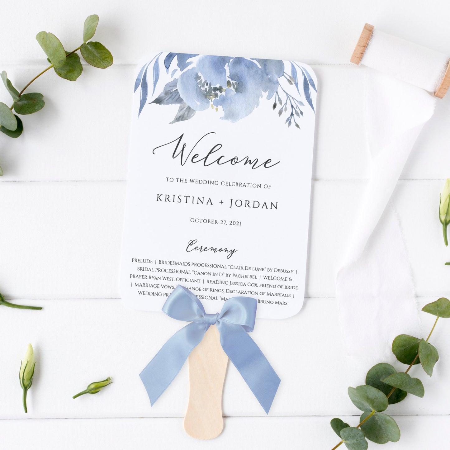 Editable Wedding Program Fan Soft Dusty Blue & Gray Wedding Ceremony Program Template