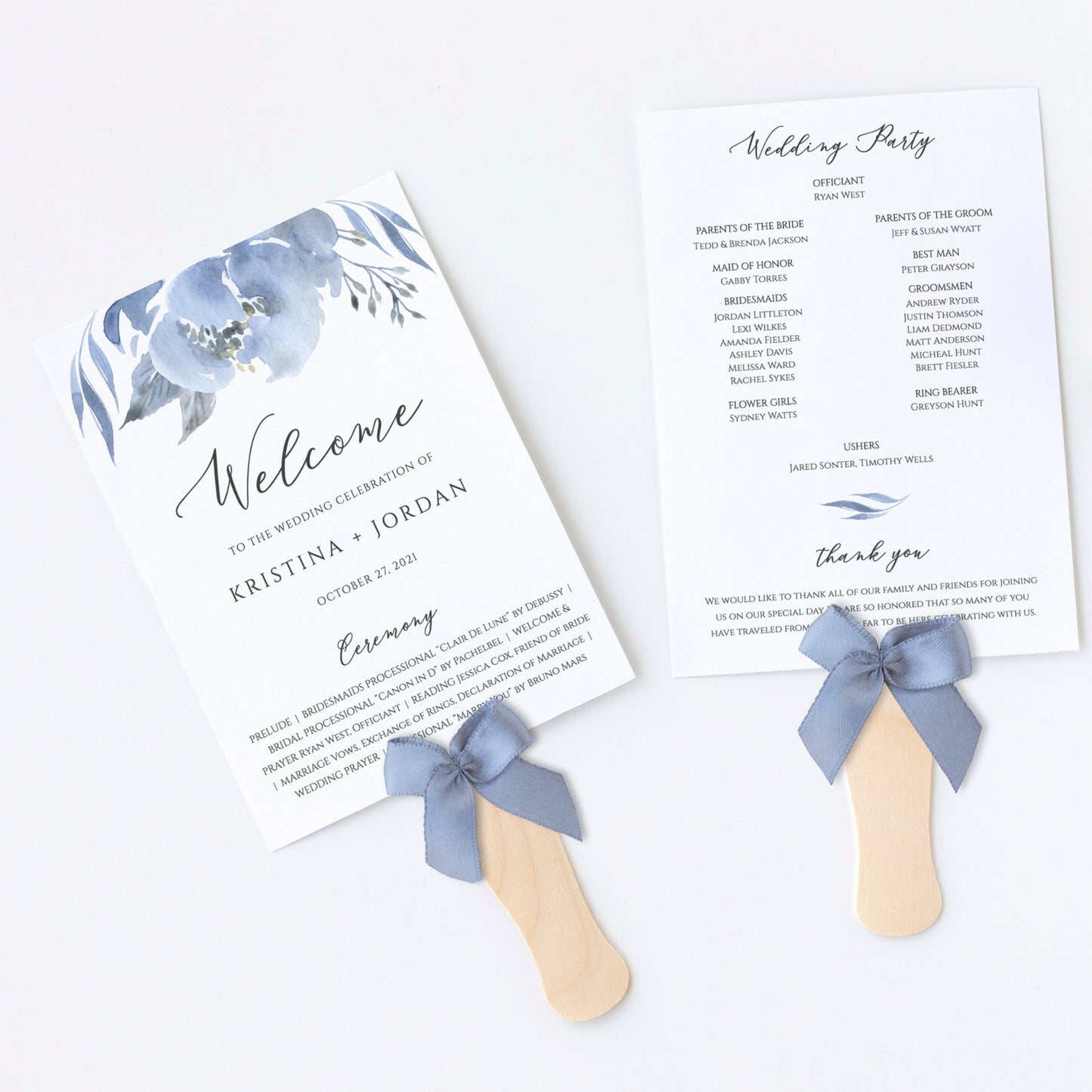 Editable Wedding Program Fan Soft Dusty Blue & Gray Wedding Ceremony Program Template