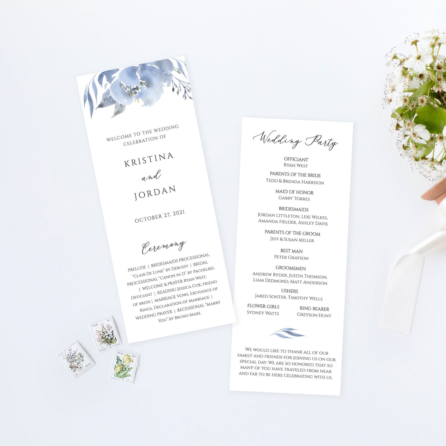 Editable Wedding Program Wedding Ceremony Program Dusty Blue & Gray Flat Wedding Program Template