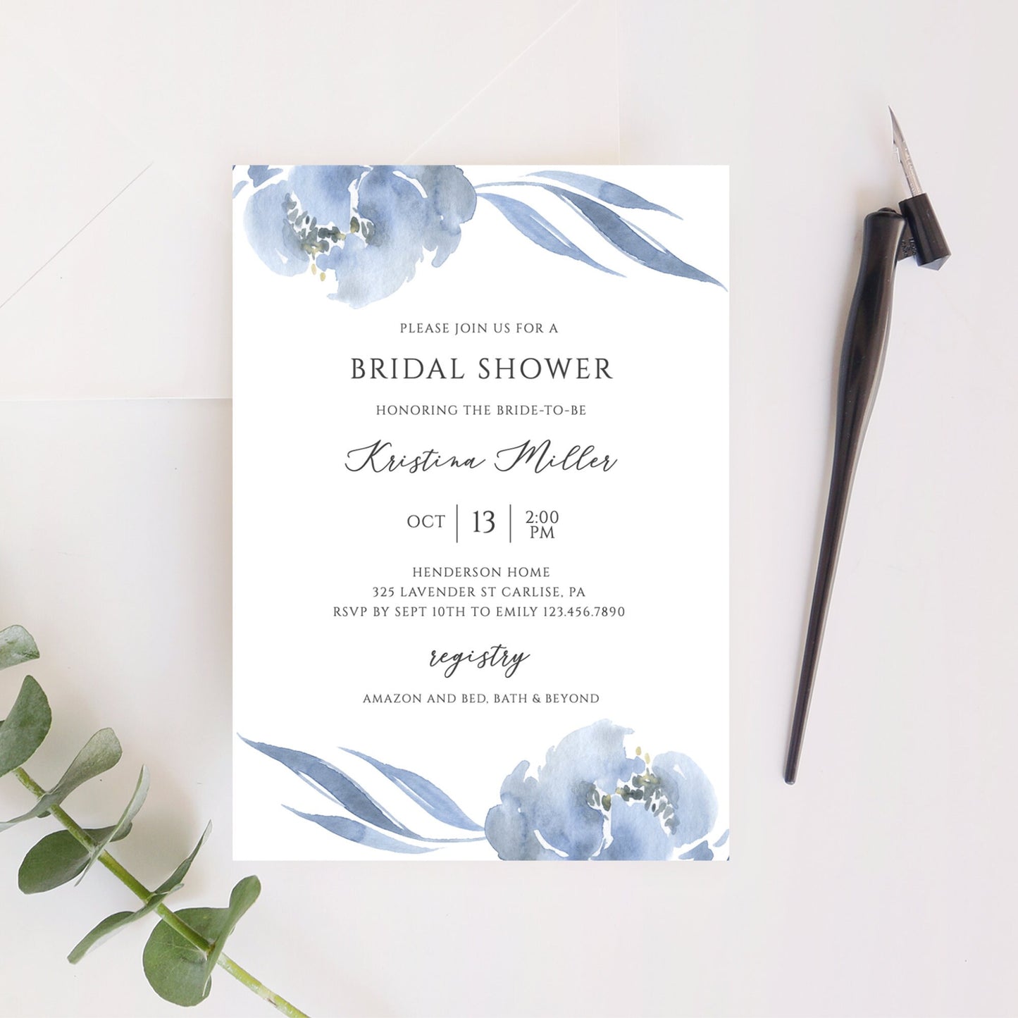 Editable Bridal Shower Invitation Bridal Shower Invite Dusty Blue & Gray Floral Template