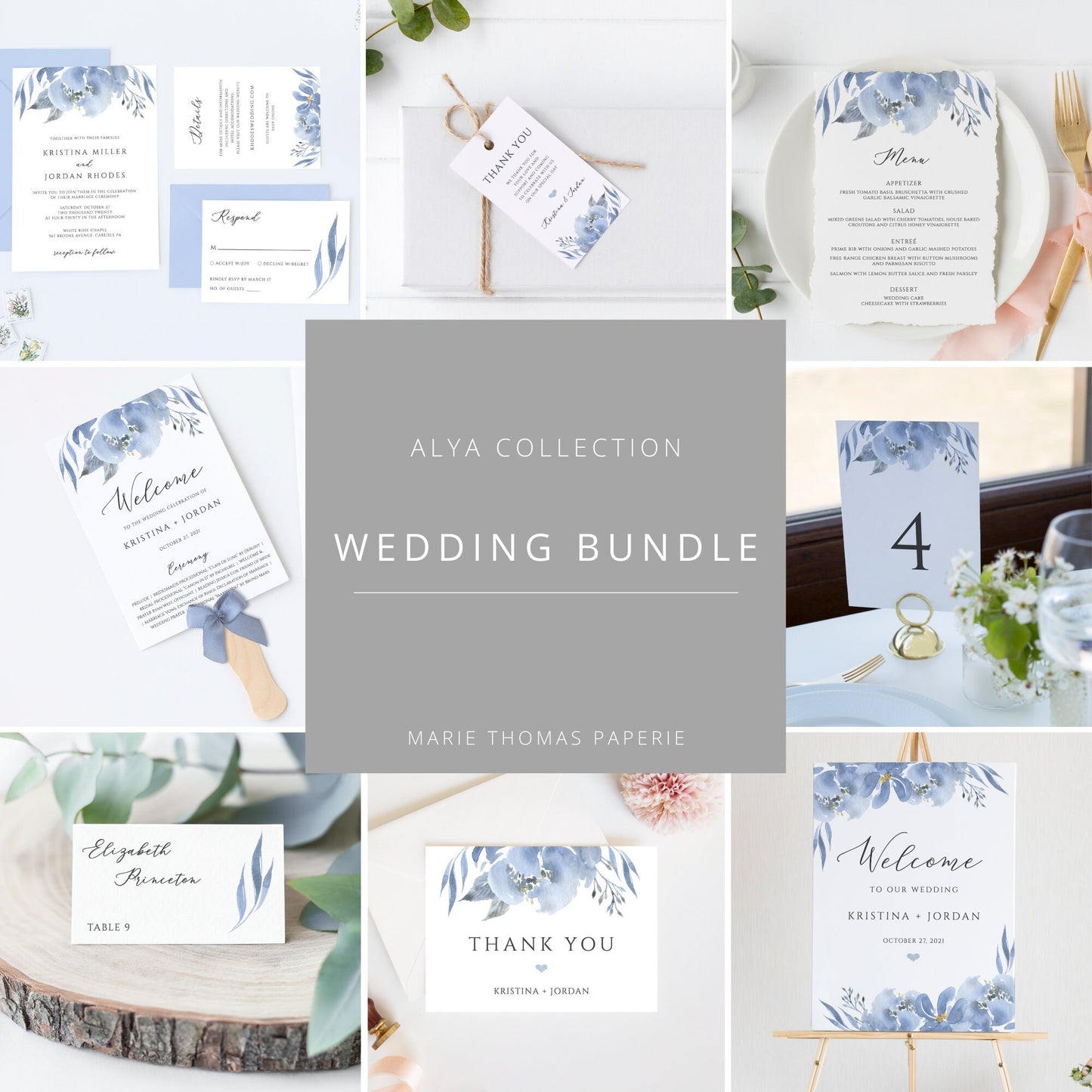 Editable Dusty Blue Floral Wedding Bundle Wedding Invitation Kit Bundle Wedding Invitations Wedding Invitation Template
