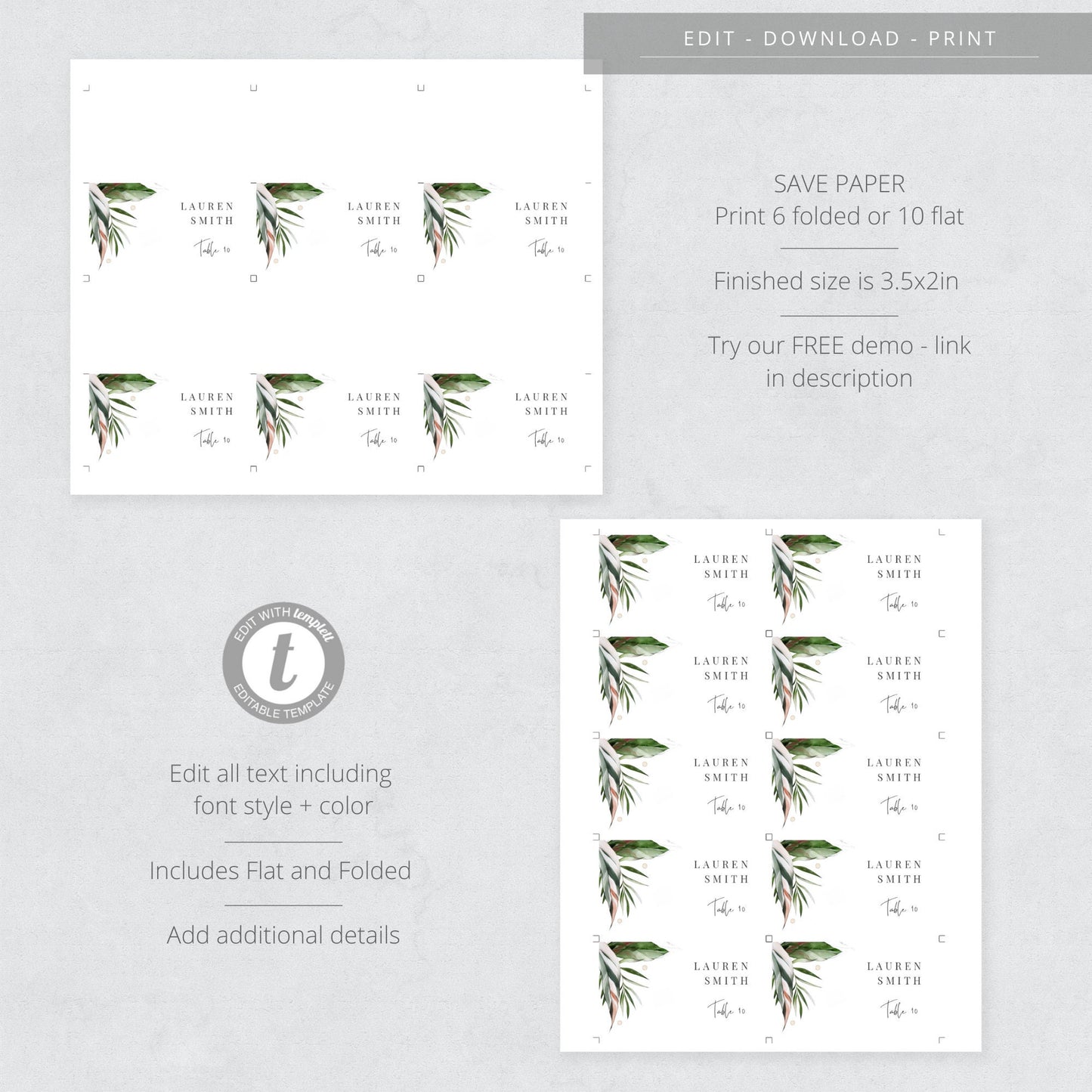 Editable   Tropical Wedding Place Card Beach Palm Leaves Wedding Name Card Escort Card Template