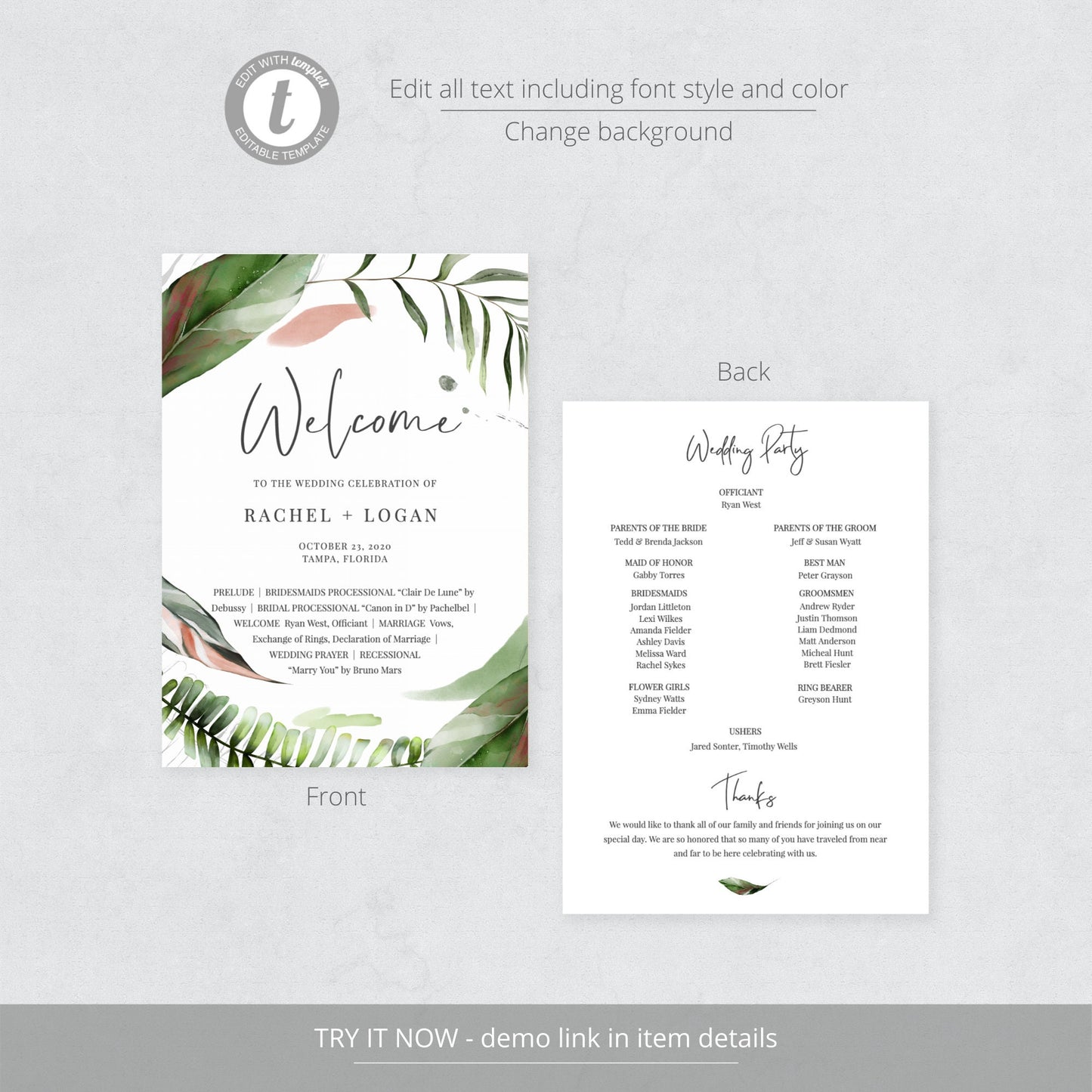 Editable   Tropical Wedding Program Fan Beach Palm Leaves Wedding Ceremony Program Template