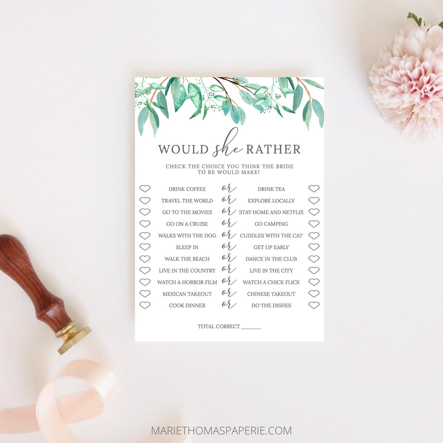 Editable Would She Rather Bridal Shower Games Wedding Games Bridal Game Greenery Template