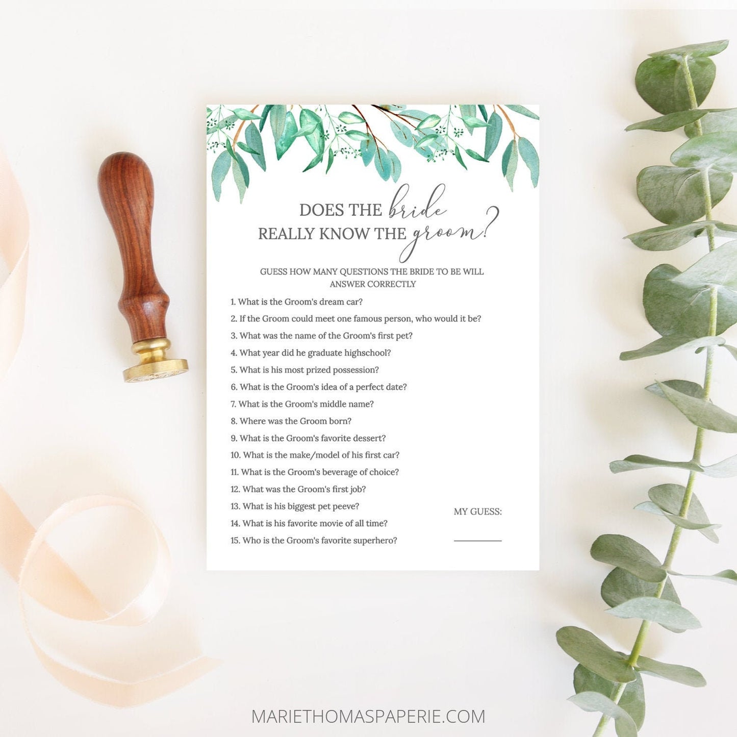 Editable Does the Bride Really Know the Groom Bridal Shower Games Wedding Games Greenery Template
