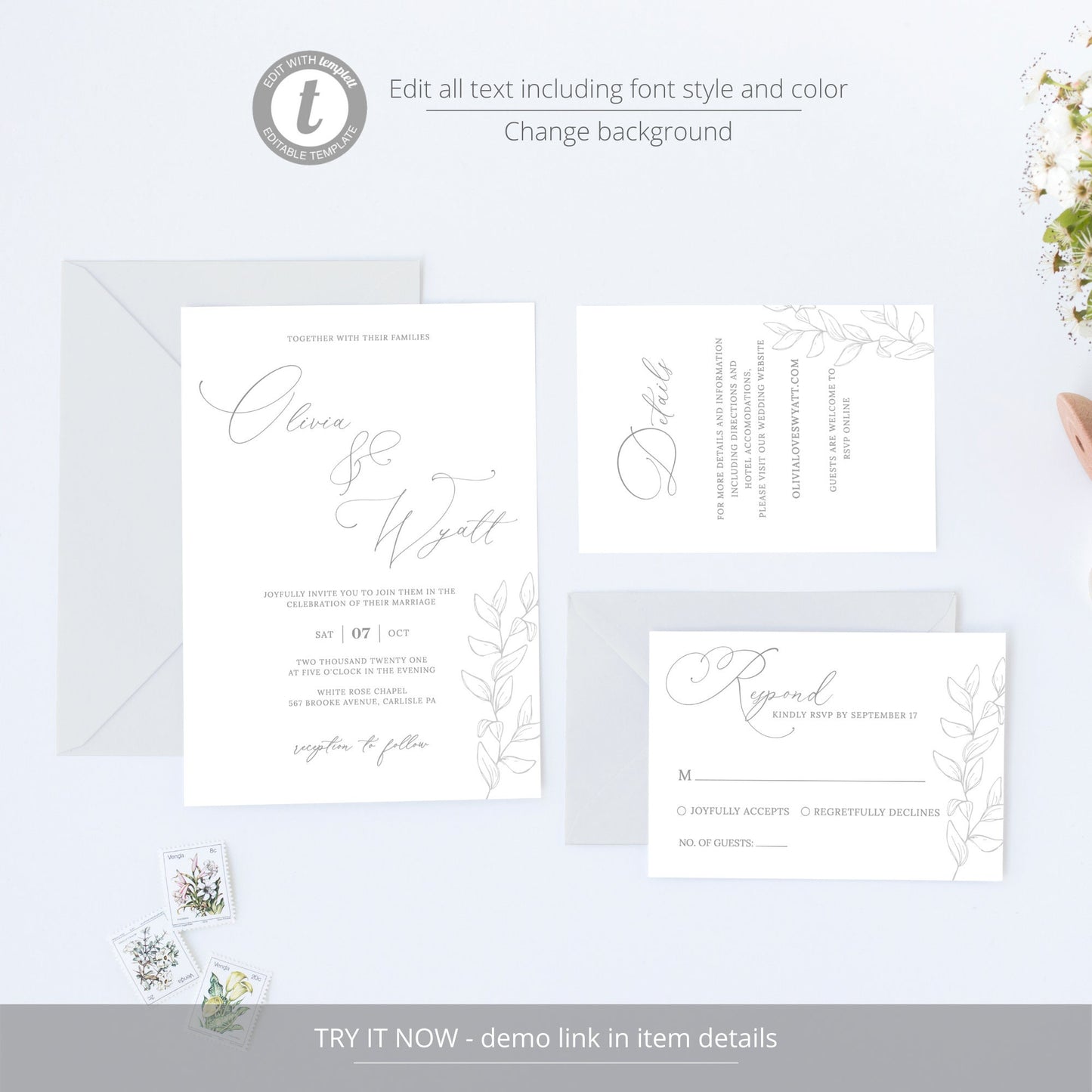 Editable Wedding Invitation Botanical Wedding Invitation Set Wedding Suite Digital Template