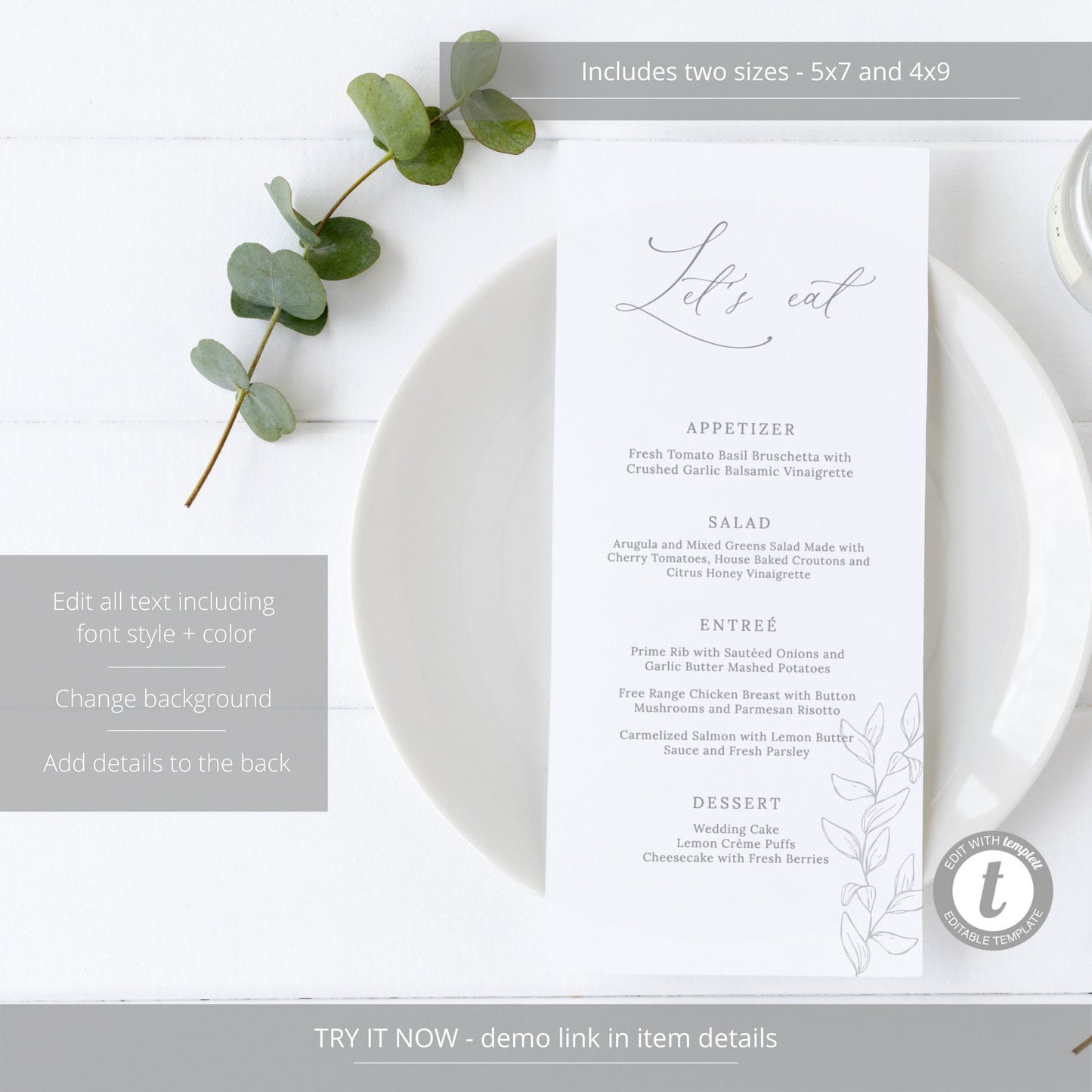 Editable Wedding Menu Minimalist Wedding Menu Card Wedding Menu 5x7 and 4x9 Template