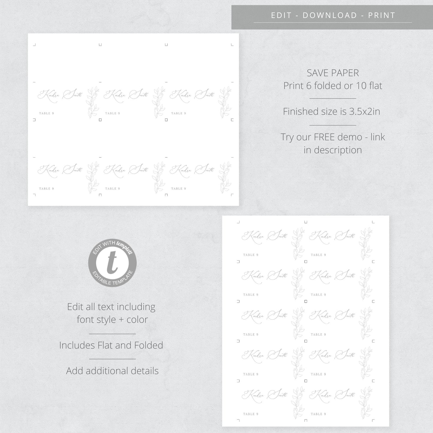 Editable Botanical Wedding Place Card Minimalist Wedding Name Card Escort Card Template