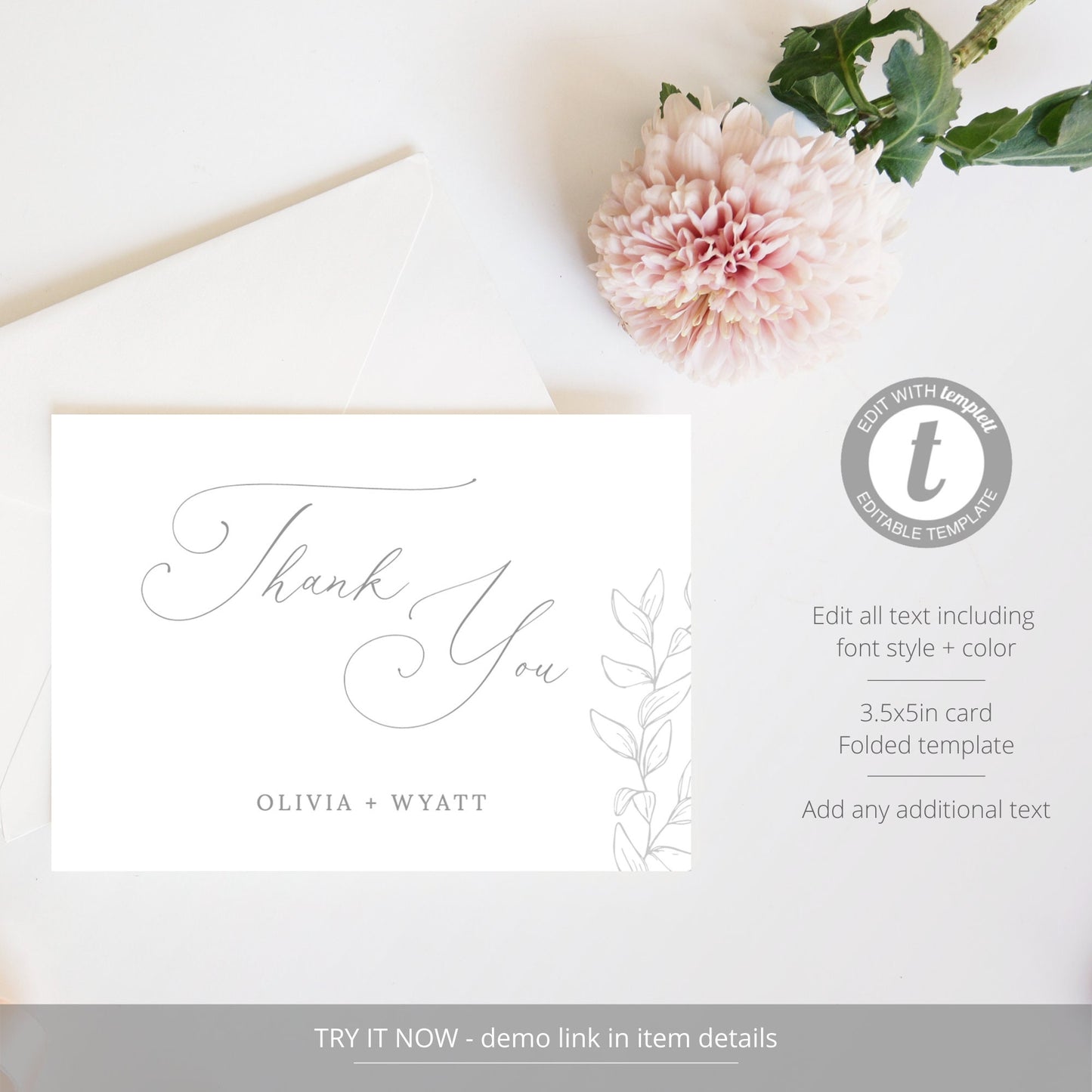 Editable Script Wedding Thank You Cards Botanical Cards Personalized Thank You Cards Template