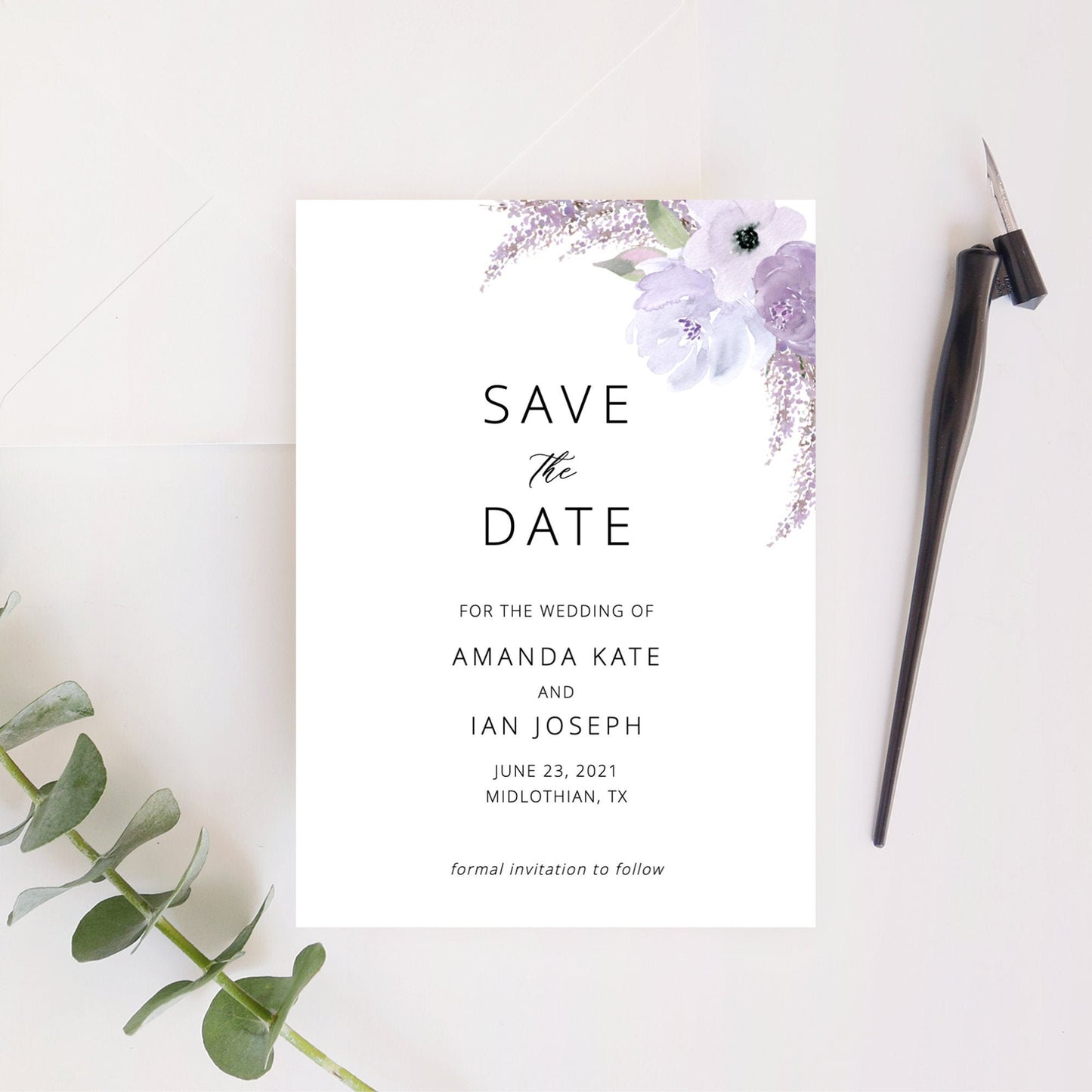 Editable Save the Date Lavender Floral Save the Date Cards Lilac Purple Wedding Announcement Template
