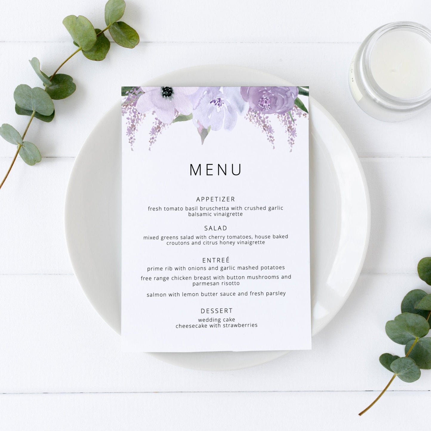 Editable Wedding Menu Floral Lavender Wedding Menu Card Lilac Wedding Menu 5x7 and 4x9 Template