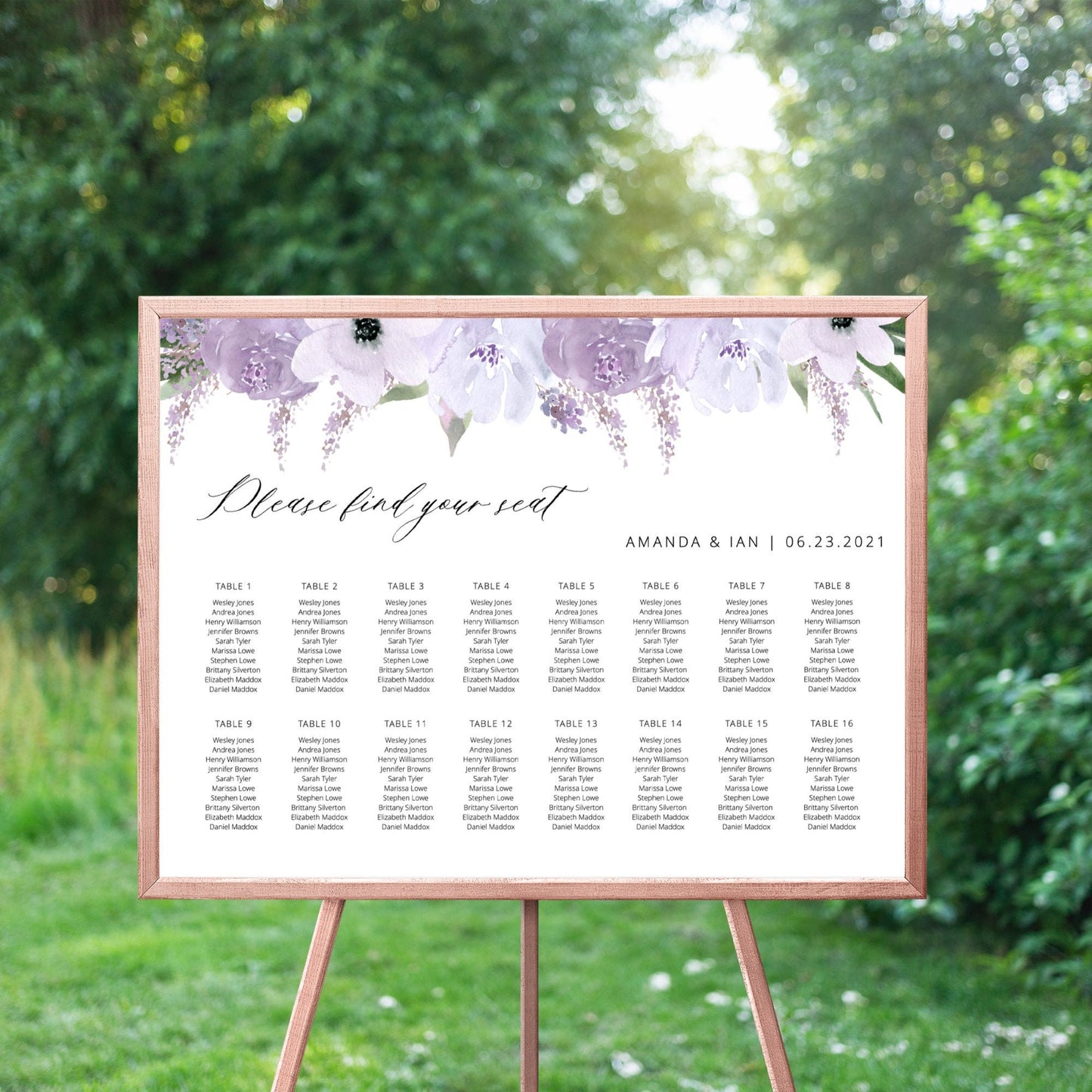 Editable Lavender Floral Seating Chart Horizontal Seating Chart Poster Template