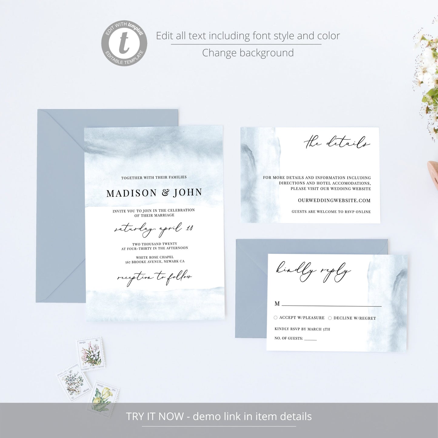 Editable Watercolor Wedding Invitation Soft Dusty Blue Wedding Invitation Set Wedding Suite Template
