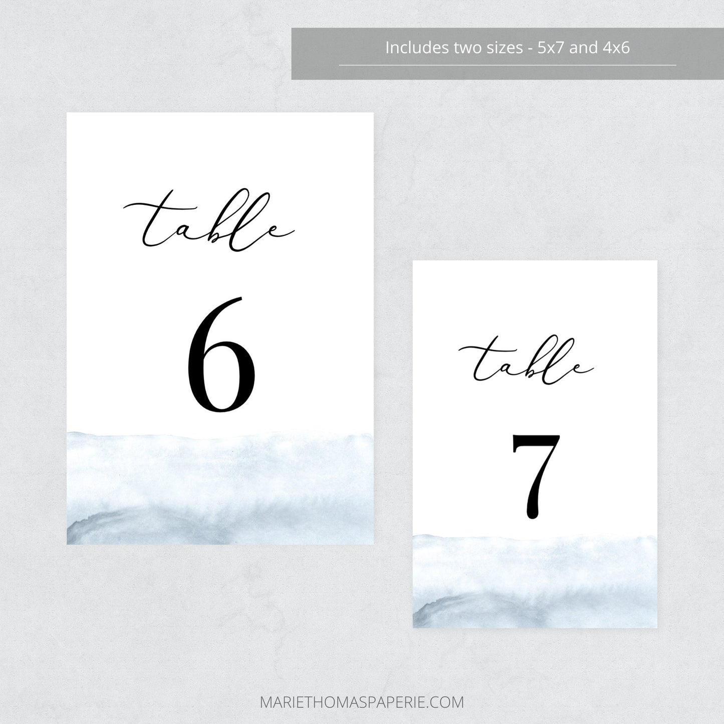 Editable Watercolor Wedding Table Number Modern Dusty Blue Table Number Card 5x7 and 4x6 Template