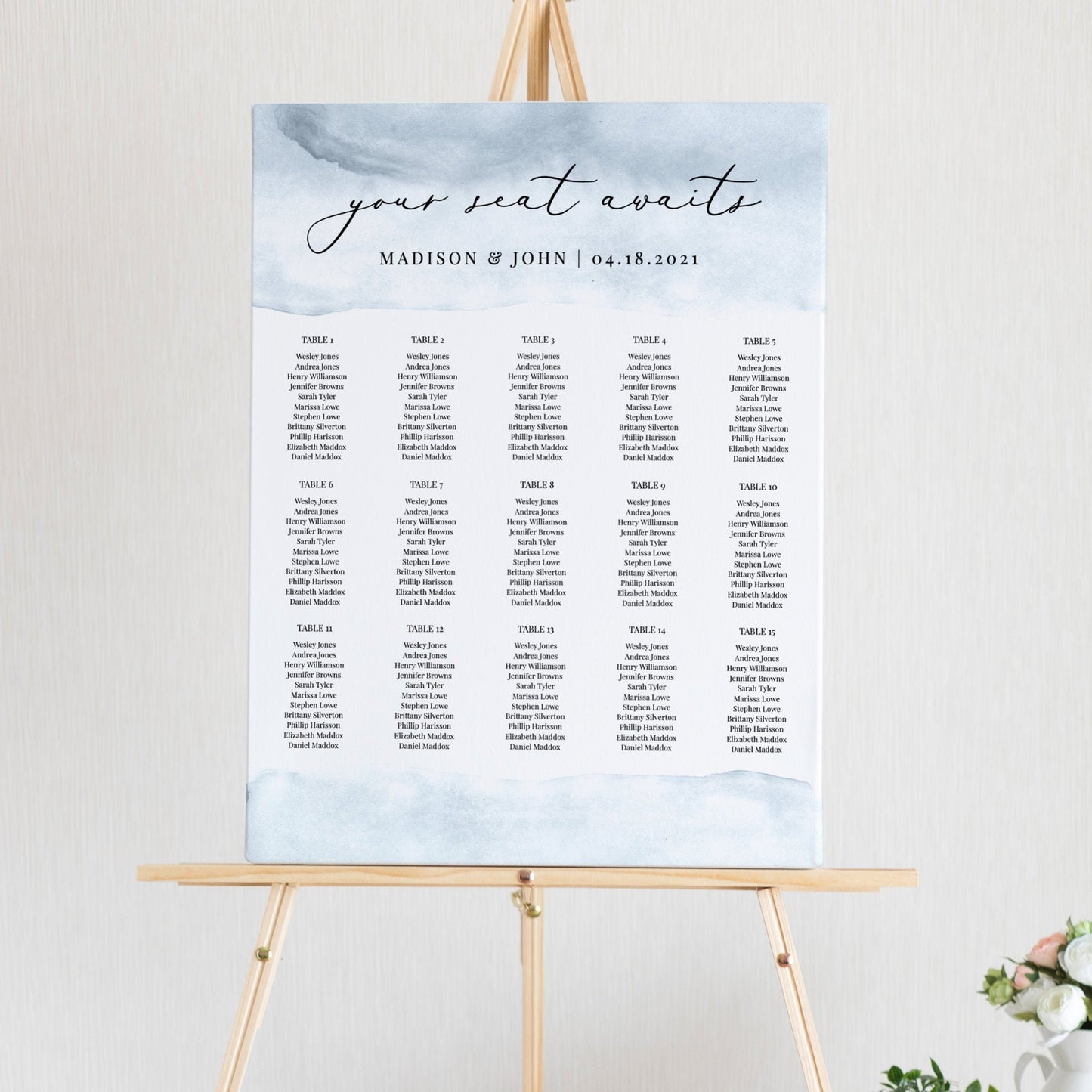 Editable Dusty Blue Watercolor Seating Chart Vertical Seating Chart Poster Modern Template