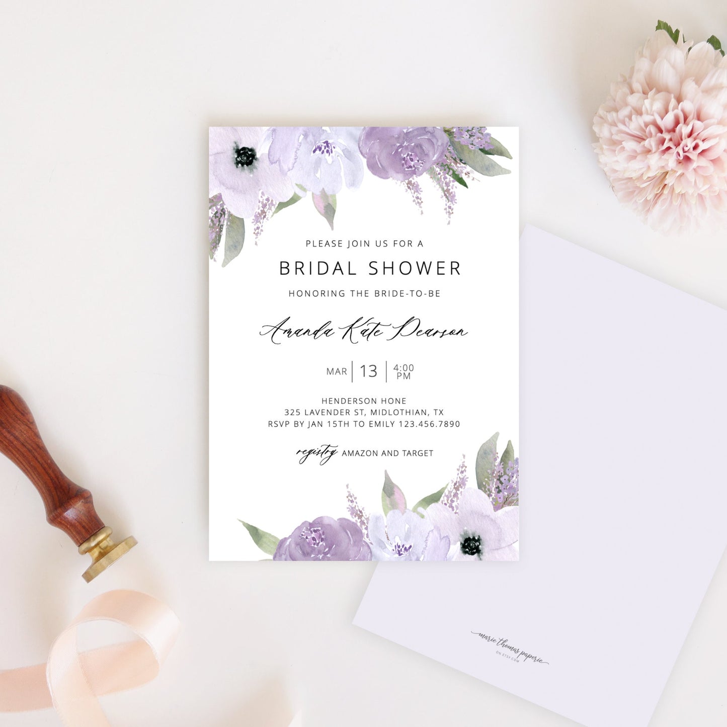 Editable Bridal Shower Invitation Lavender Bridal Shower Invite Purple Floral Template