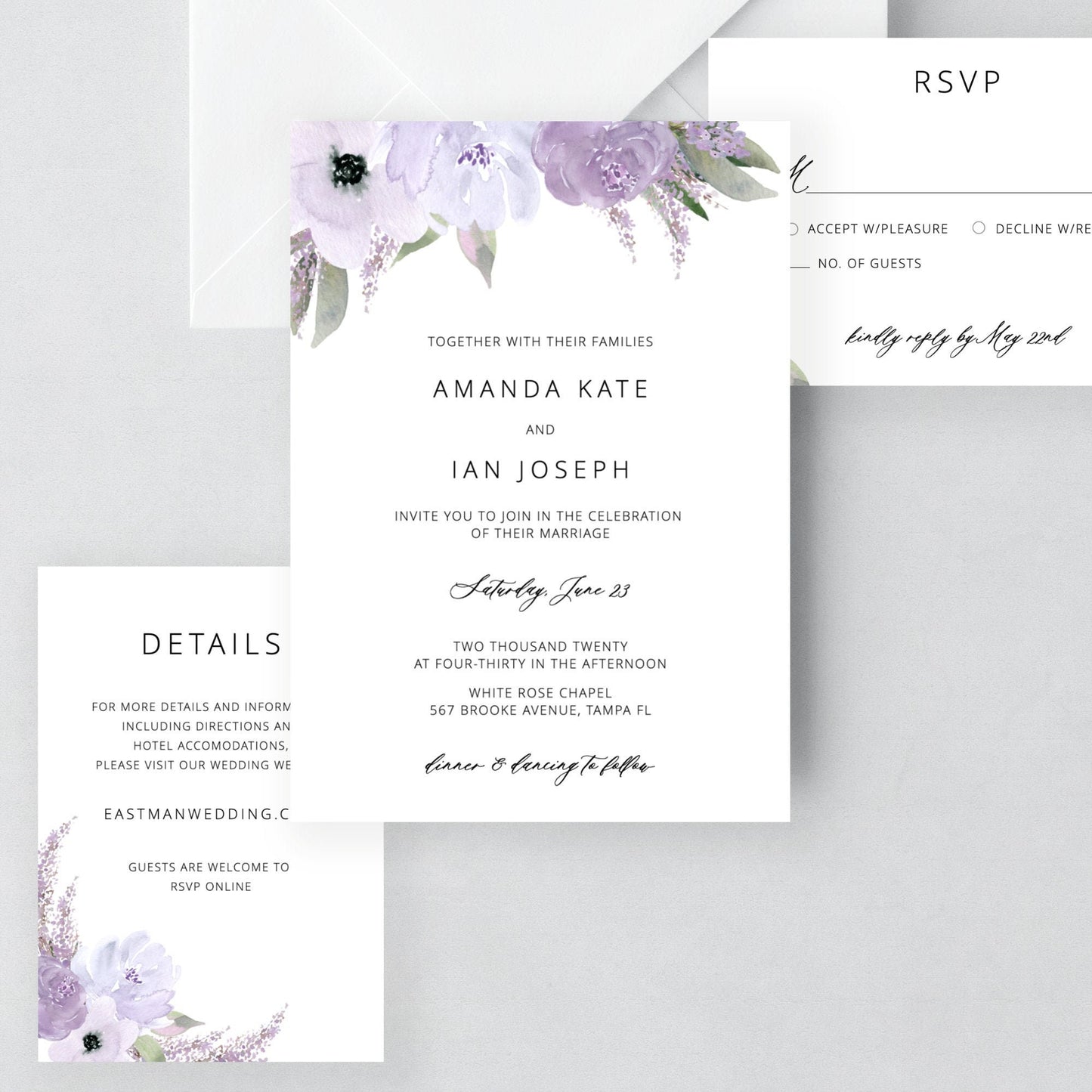 Editable Lavender Wedding Invitation Wedding Invitation Set Purple Floral Wedding Suite Template