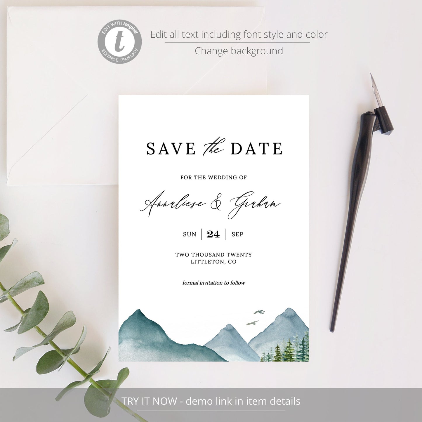 Editable Save the Date Mountain Save the Date Cards Rustic Pine Forest Wedding Announcement Text Template