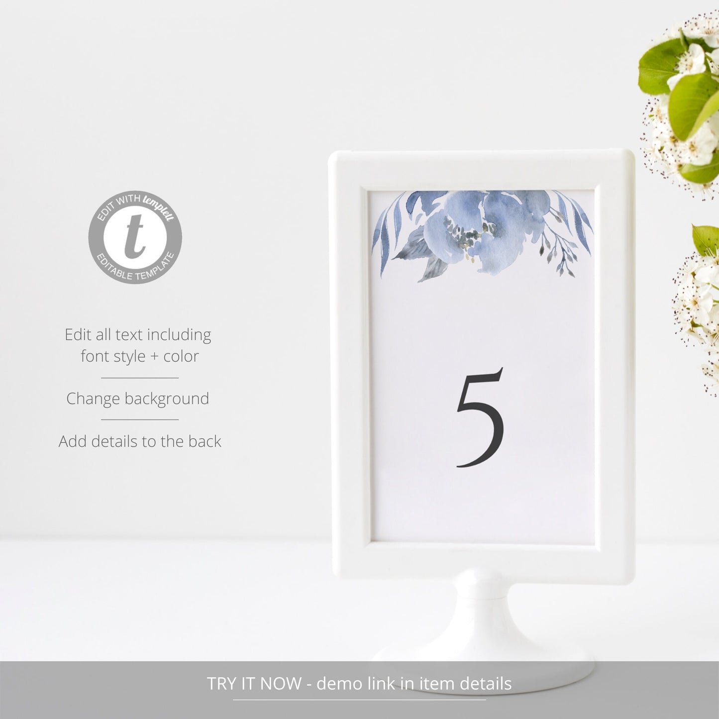 Editable Floral Wedding Table Number Dusty Blue & Gray Table Number Card 5x7 and 4x6 Template