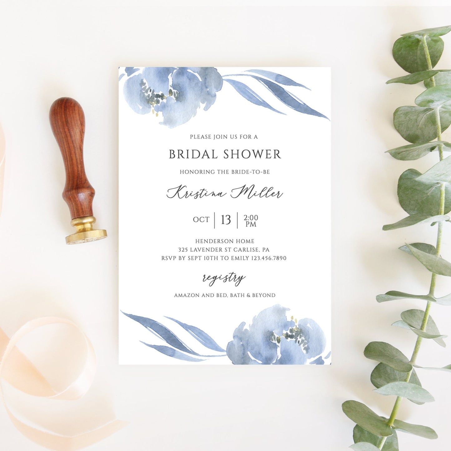 Editable Bridal Shower Invitation Bridal Shower Invite Dusty Blue & Gray Floral Template
