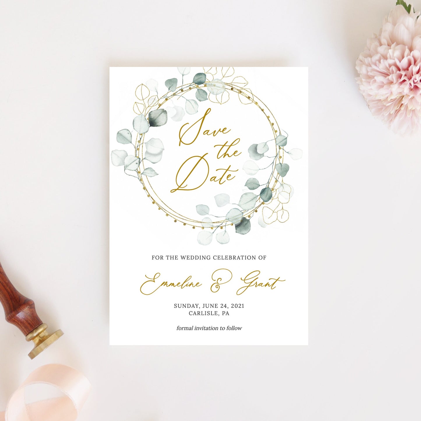 Editable  Greenery and Gold Save the Date Save the Date Cards Eucalyptus Wedding Announcement Digital Template