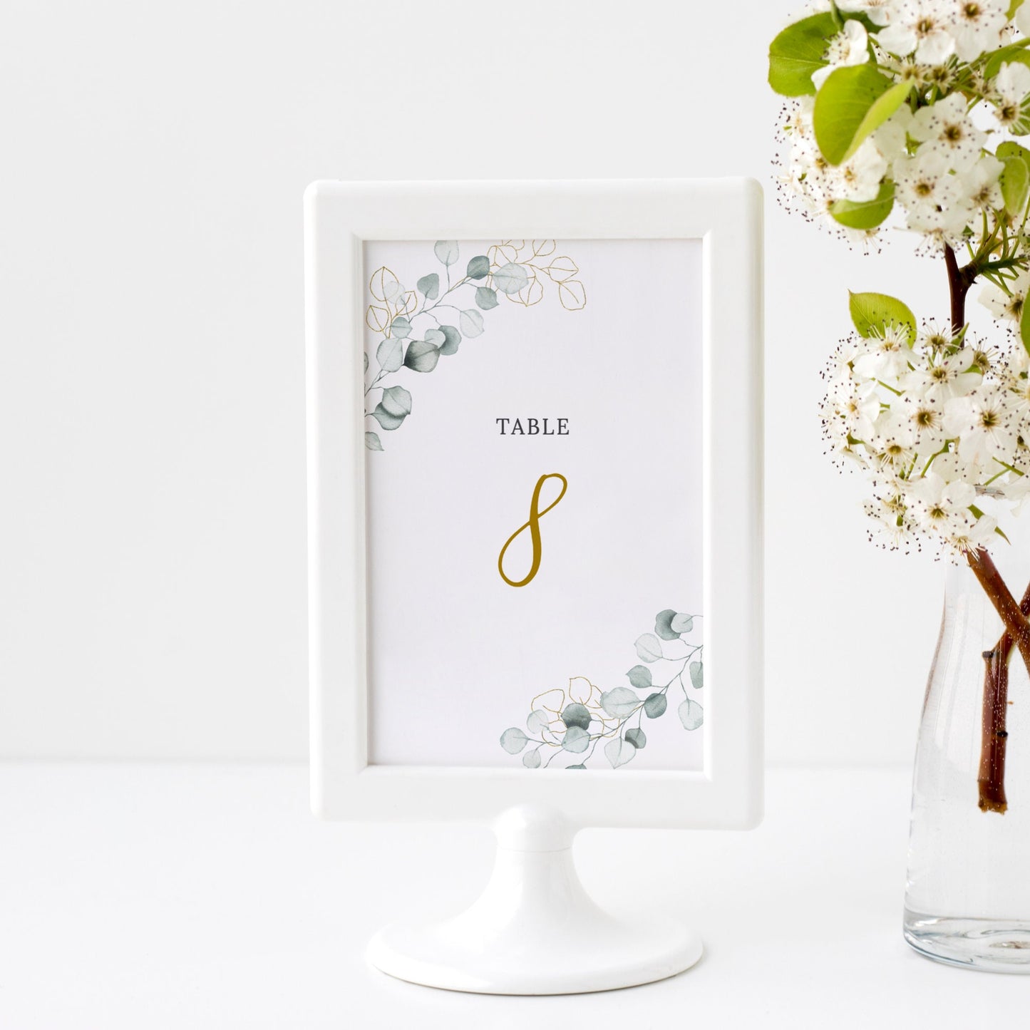 Editable  Greenery and Gold Wedding Table Number Eucalyptus Table Number Card 5x7 and 4x6 Template