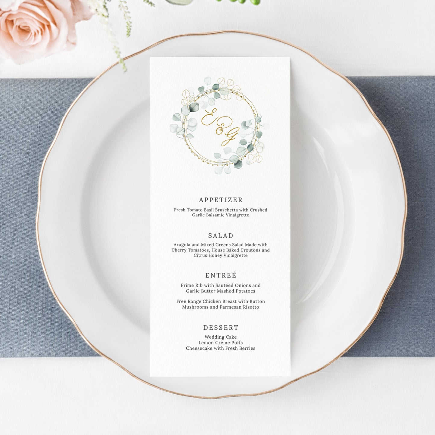 Editable  Greenery and Gold Wedding Menu Eucalyptus Wedding Menu Card Wedding Menu 5x7 and 4x9 Template