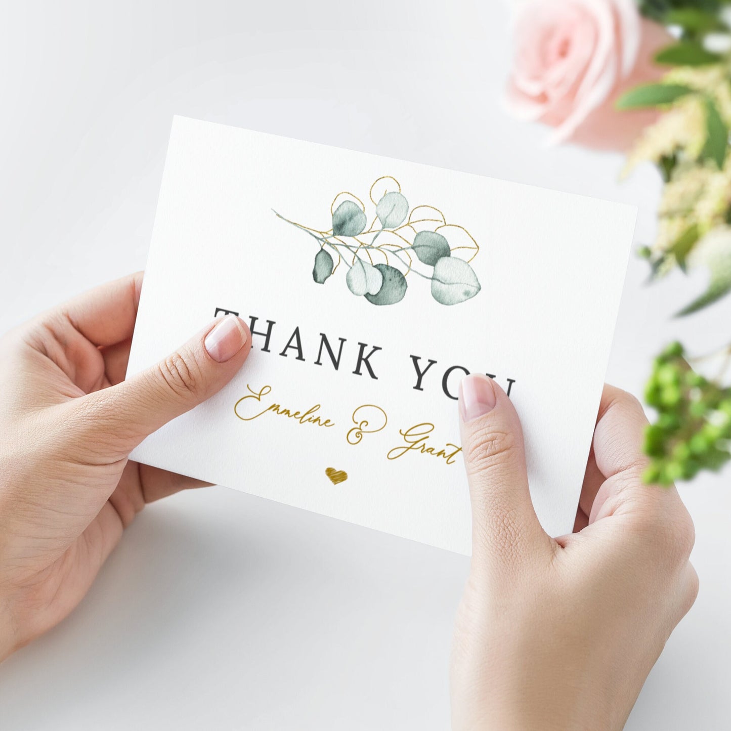 Editable  Greenery and Gold Wedding Thank You Cards Eucalyptus Cards Personalized Thank You Cards Template