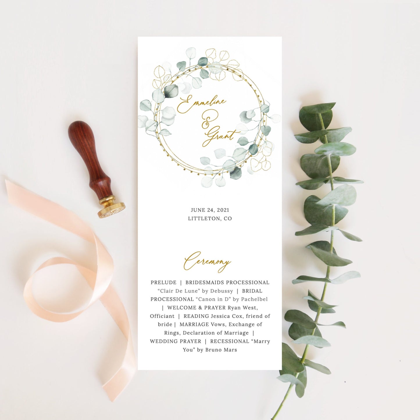 Editable  Greenery and Gold Wedding Program Wedding Ceremony Program Flat Wedding Program Template