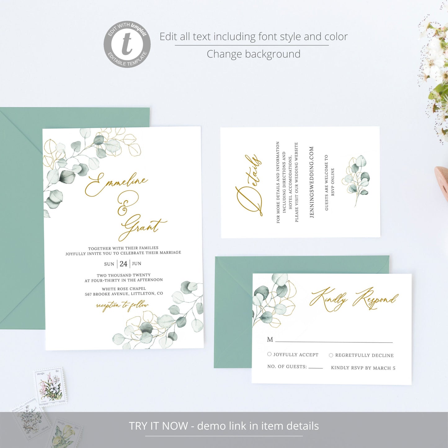 Editable  Bohemian Greenery Wedding Invitation Boho Eucalyptus Wedding Invitation Set Wedding Suite Template