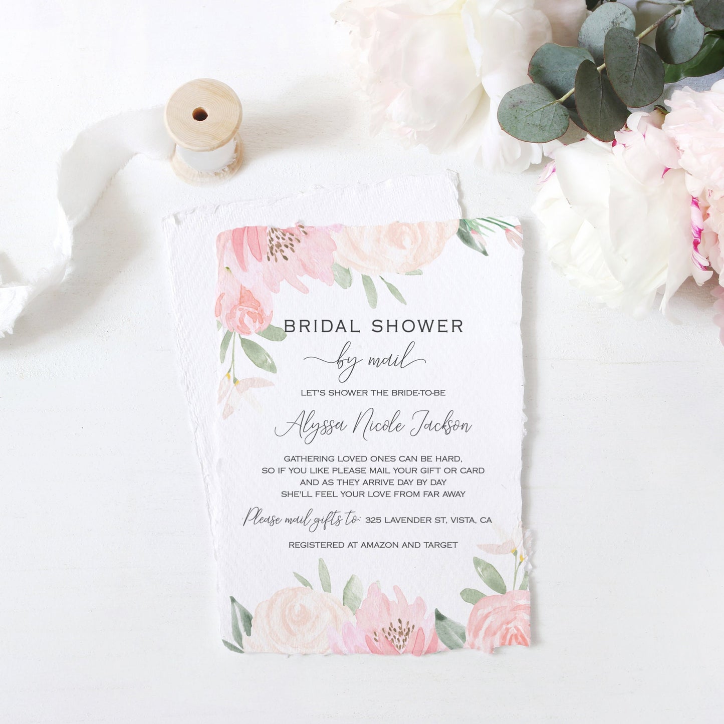 Editable Bridal Shower by Mail Invitation Blush Pink Floral Social Distance Bridal Shower Invite Long Distance Template