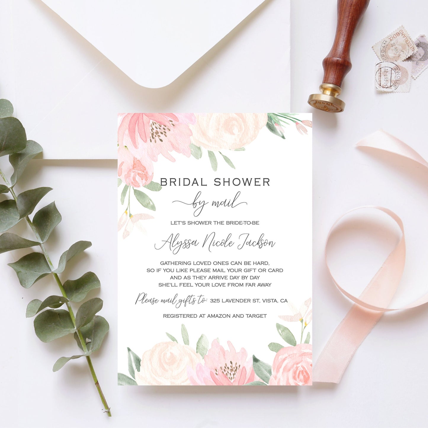 Editable Bridal Shower by Mail Invitation Blush Pink Floral Social Distance Bridal Shower Invite Long Distance Template