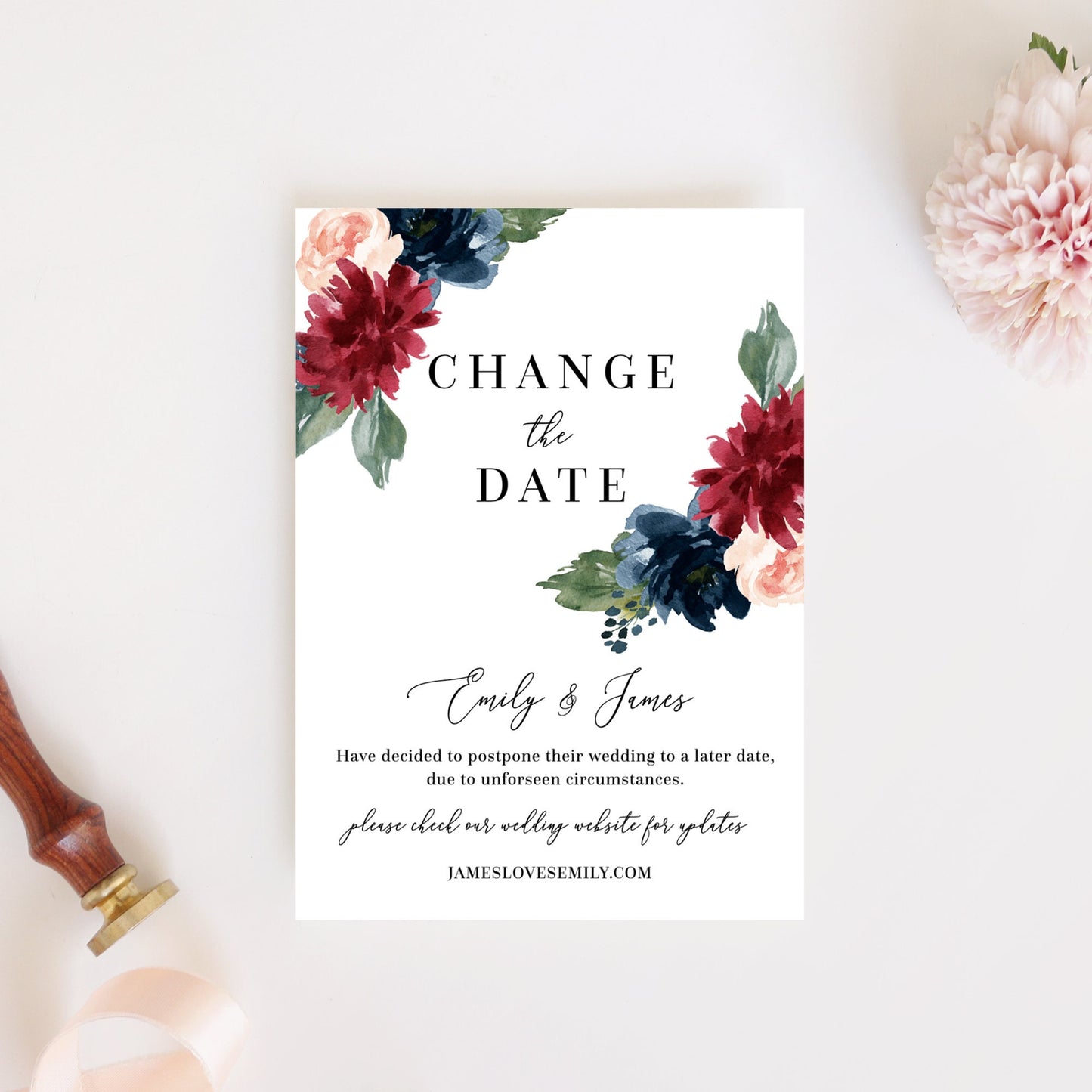 Editable Change the Date Wedding Burgundy Floral Change of Plans Social Distancing Wedding Postponement Template