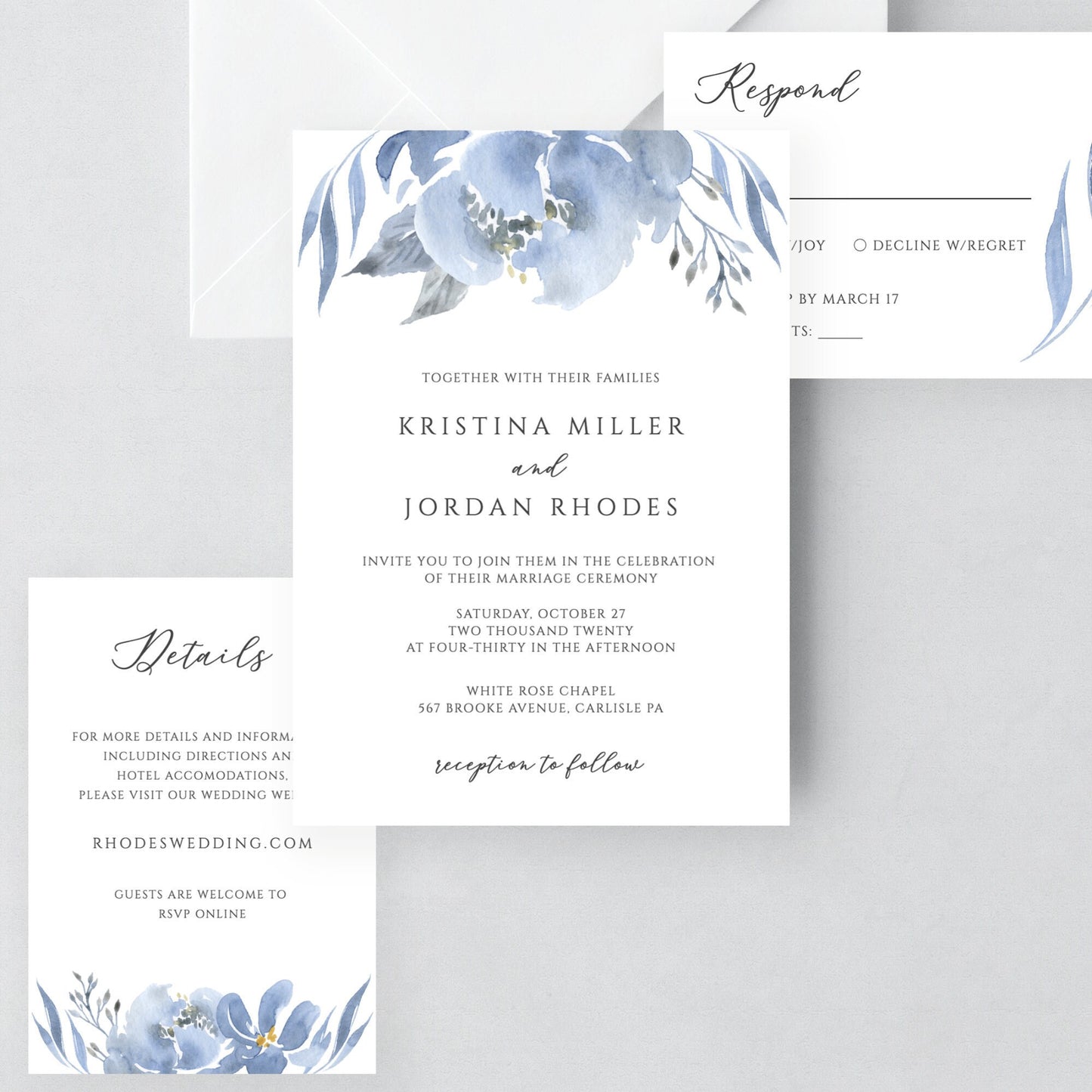Editable Dusty Blue Wedding Invitation Floral Wedding Invitation Set Wedding Suite Template