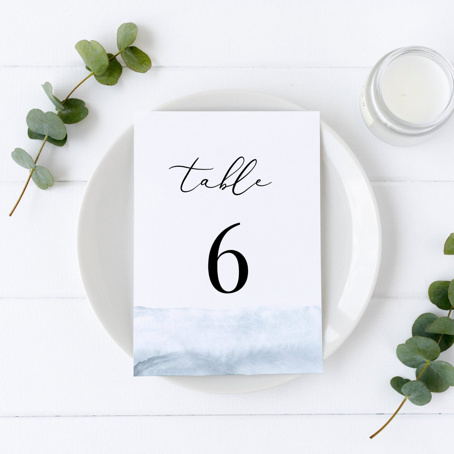 Editable Watercolor Wedding Table Number Modern Dusty Blue Table Number Card 5x7 and 4x6 Template