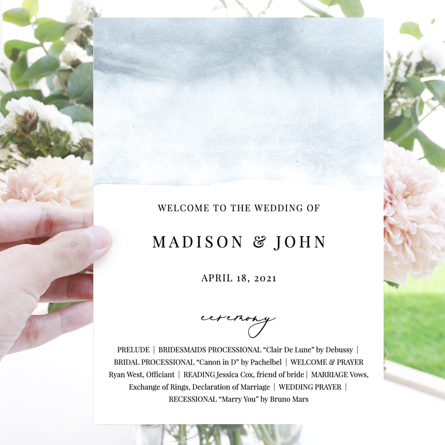 Editable Watercolor Wedding Program Fan Modern Dusty Blue Wedding Ceremony Program Template