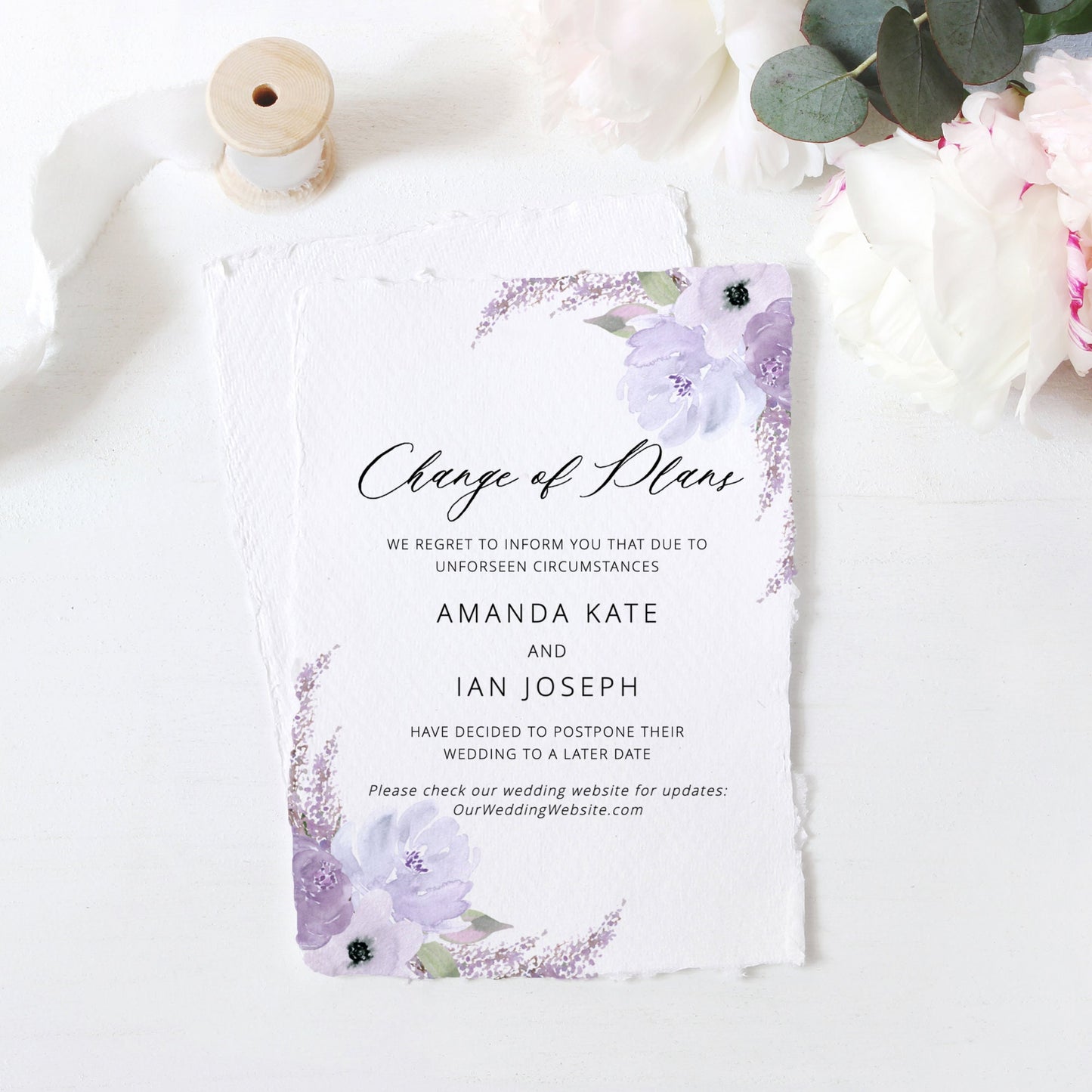 Editable Change of Plans Lavender Change the Date Wedding Purple Floral Wedding Postponement Template