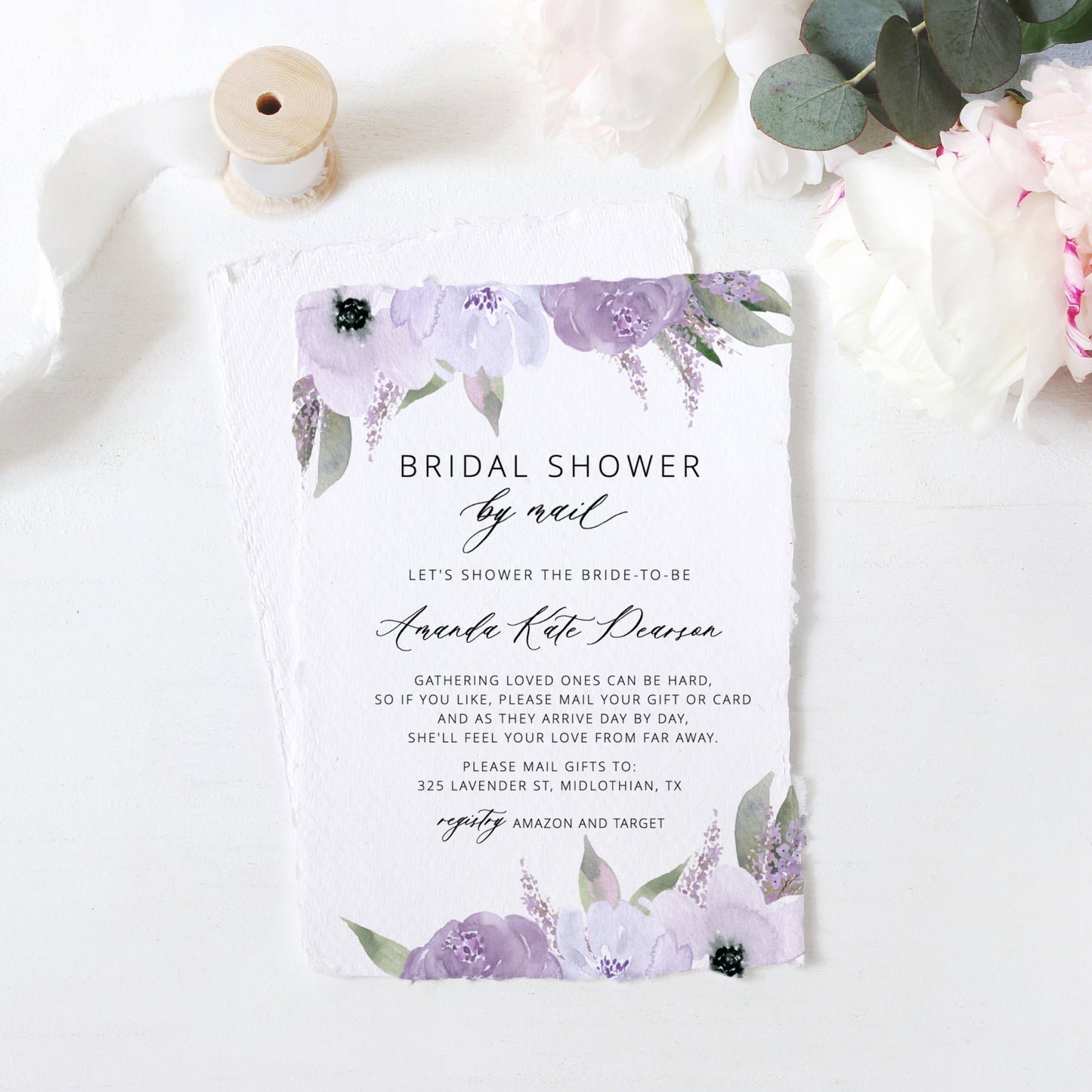 Editable Bridal Shower by Mail Invitation Lavender Purple Floral Social Distance Bridal Shower Invite Template