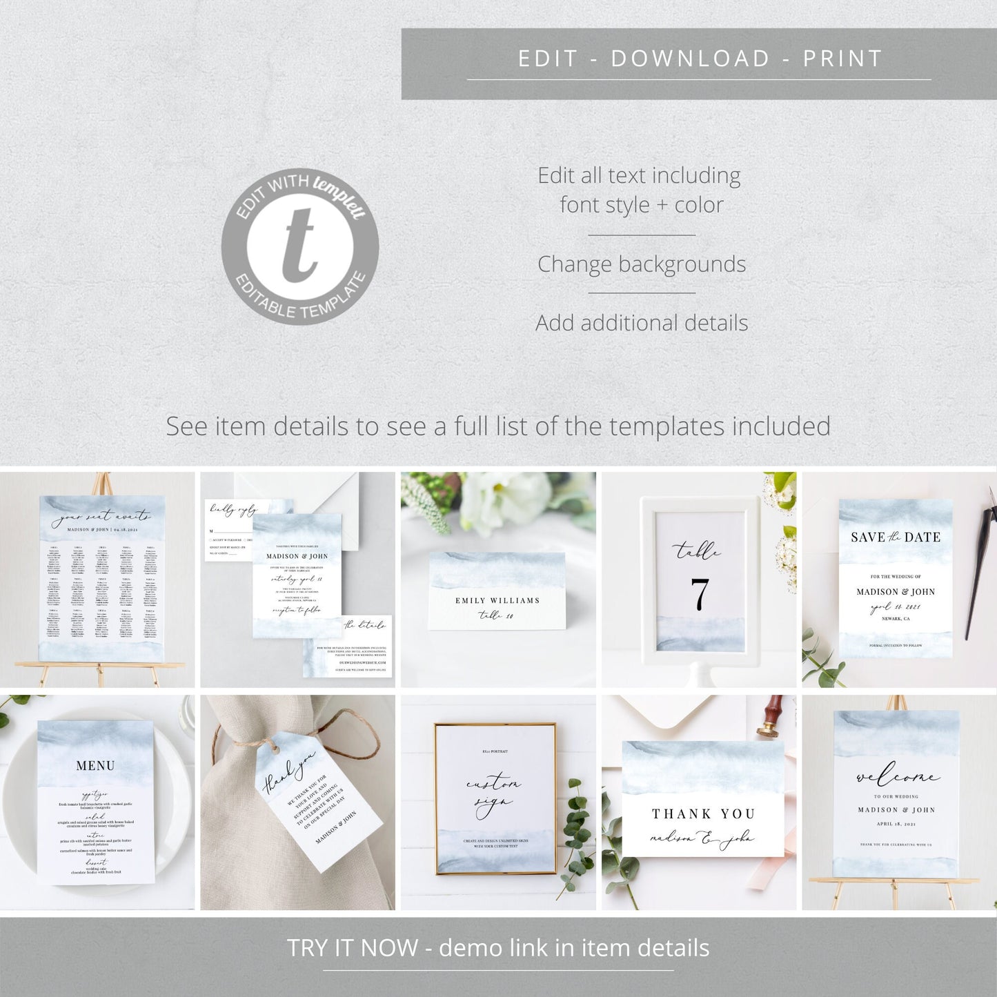 Editable Dusty Blue Watercolor Wedding Bundle Wedding Invitation Kit Bundle Wedding Invitations Template
