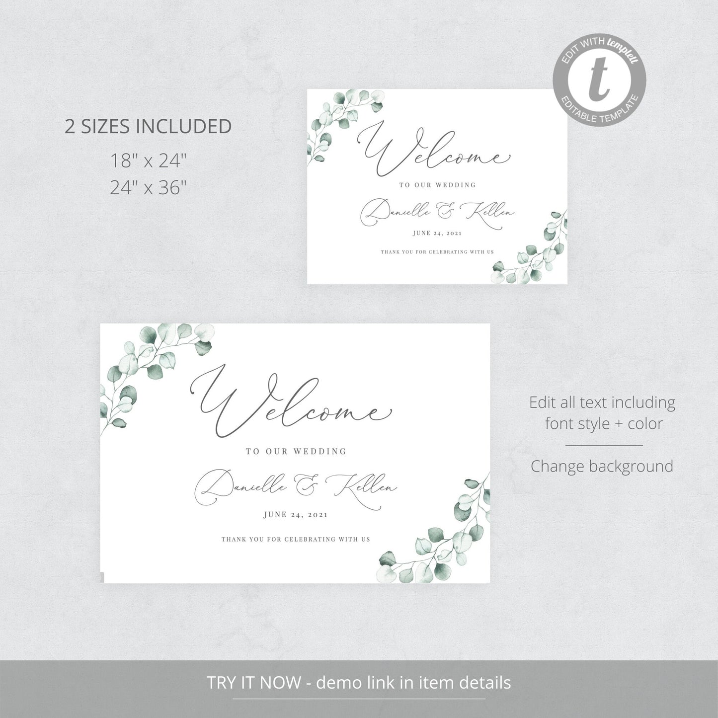 Editable Eucalyptus Wedding Welcome Sign Welcome to our Wedding Sign Modern Greenery Template