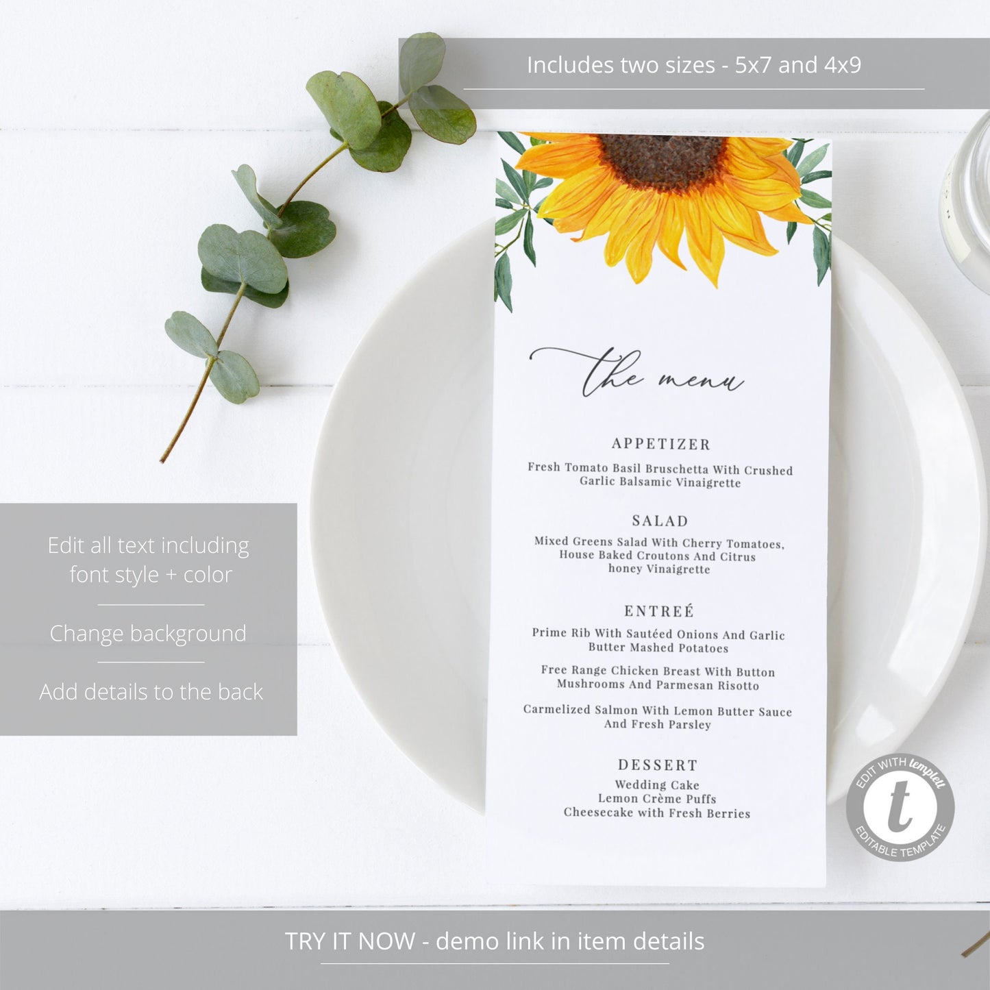 Editable   Sunflower Wedding Menu Rustic Wedding Menu Card Boho Wedding Menu 5x7 and 4x9 Template