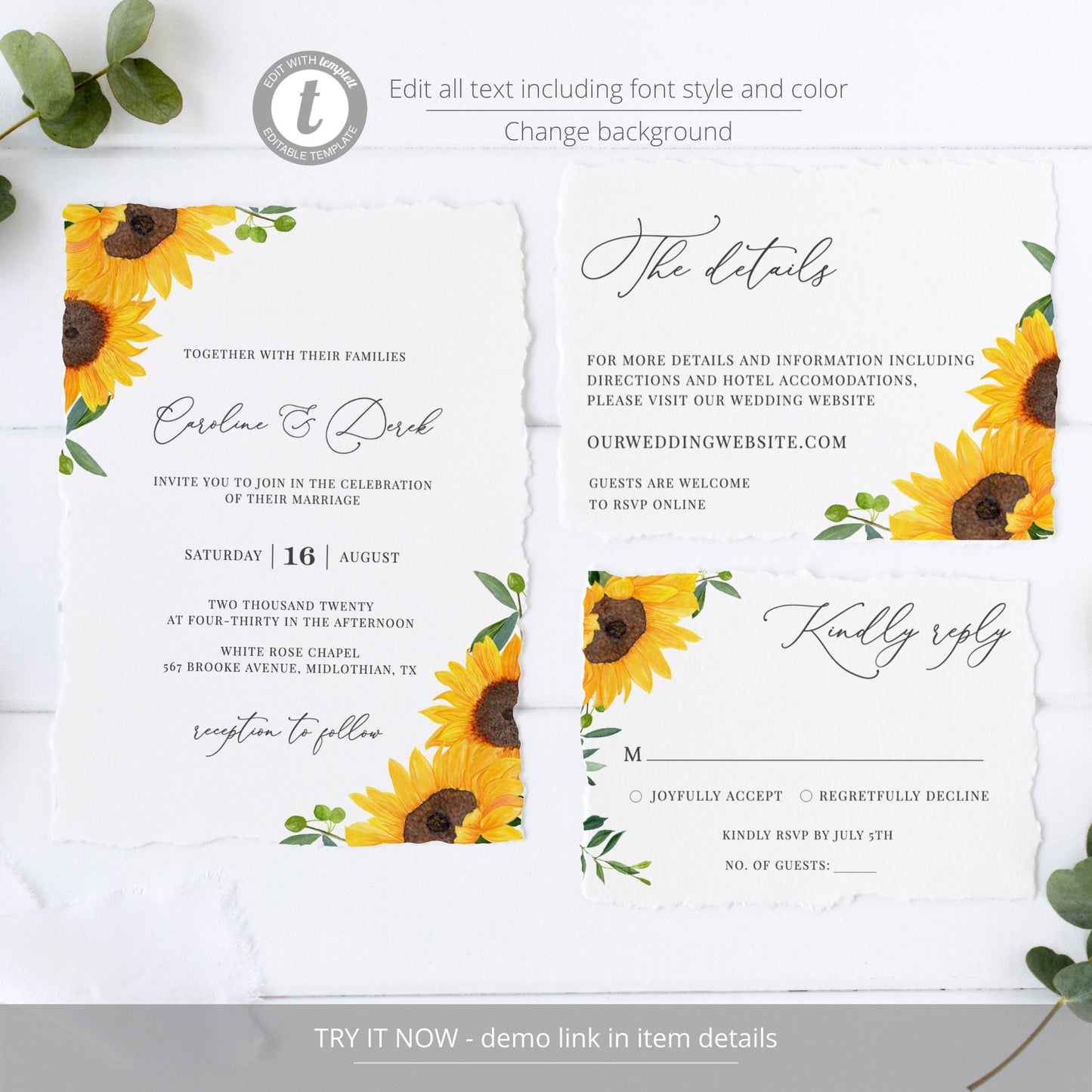 Editable   Sunflower Wedding Invitation Wedding Invitation Set Wedding Suite Template