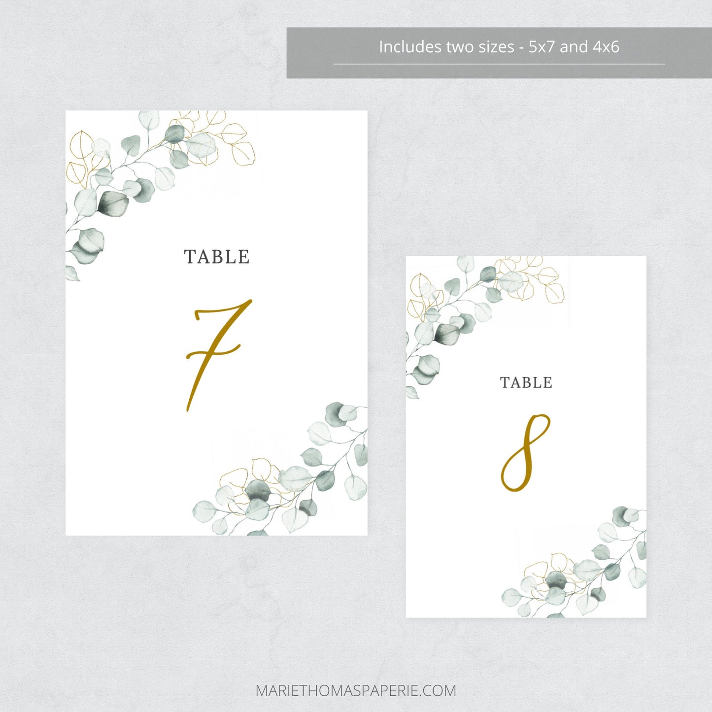 Editable  Greenery and Gold Wedding Table Number Eucalyptus Table Number Card 5x7 and 4x6 Template