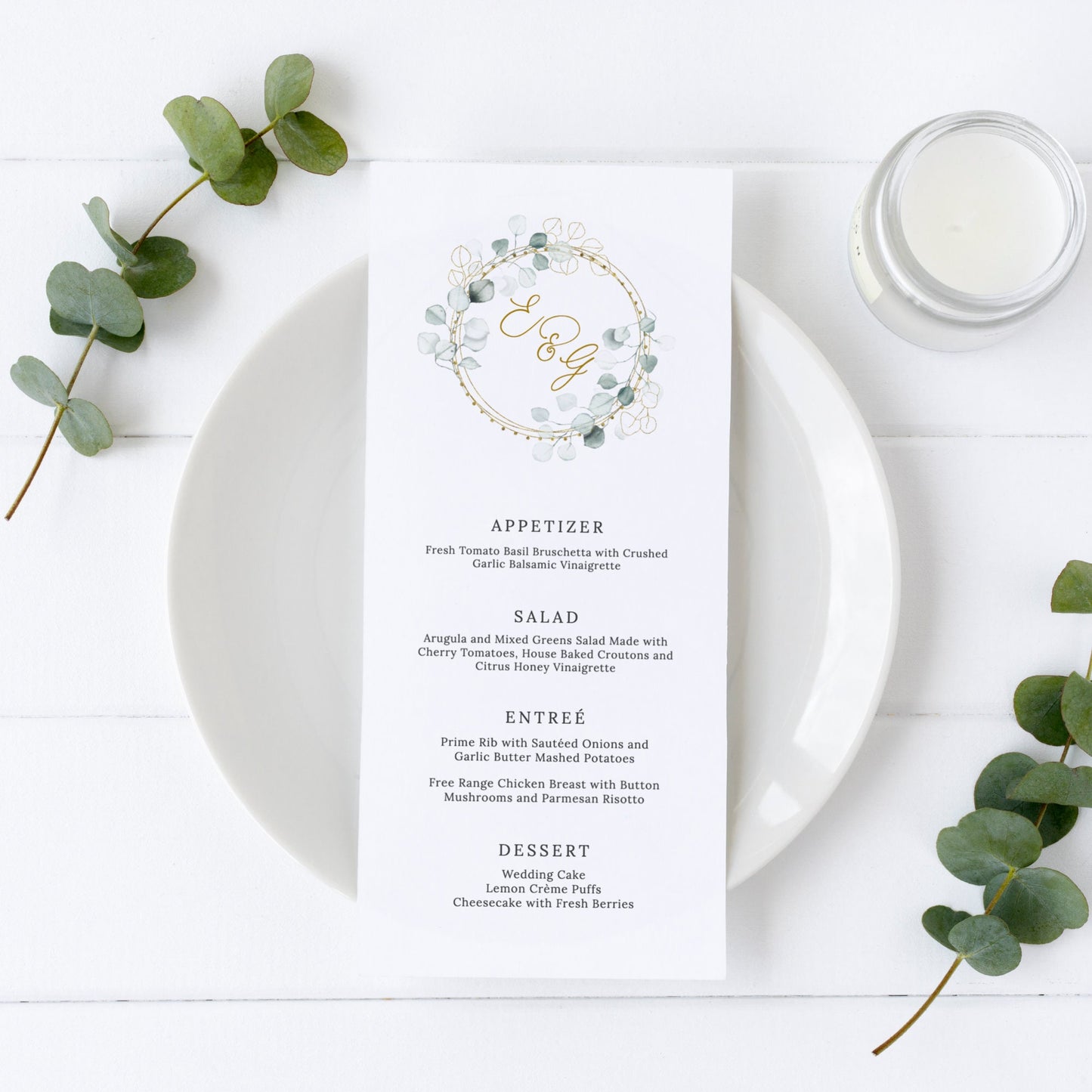 Editable  Greenery and Gold Wedding Menu Eucalyptus Wedding Menu Card Wedding Menu 5x7 and 4x9 Template